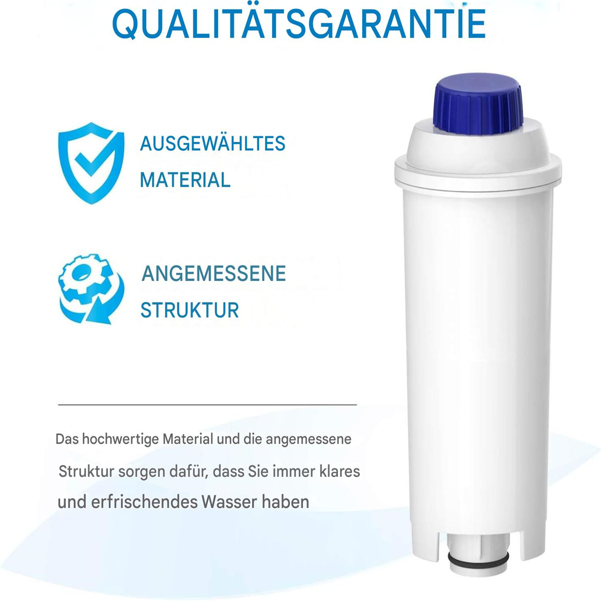 Eine weiße Wasserfilterkartusche mit blauem Deckel und Text auf Deutsch.