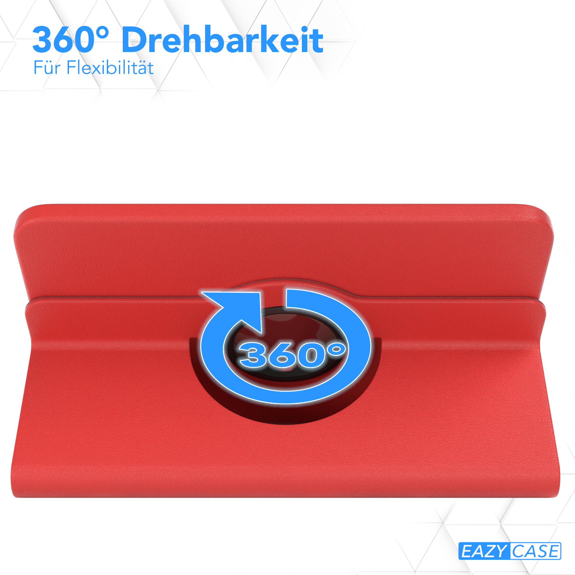Ein roter Ständer mit einem blau-weißen 360°-Drehsymbol.