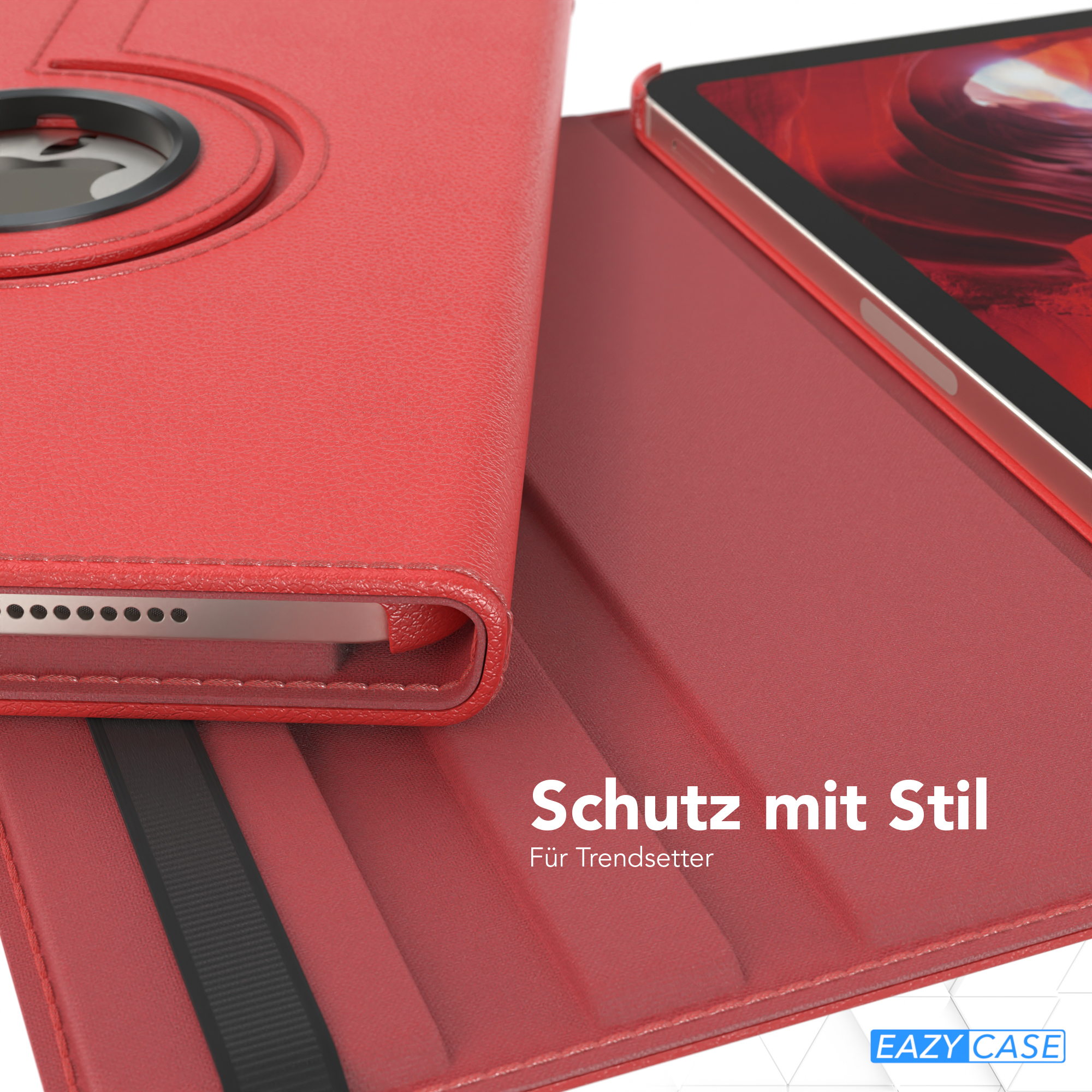 Rote Tablet-Hülle mit drehbarem Ständer. Das Tablet ist sichtbar und die Hülle ist rot.