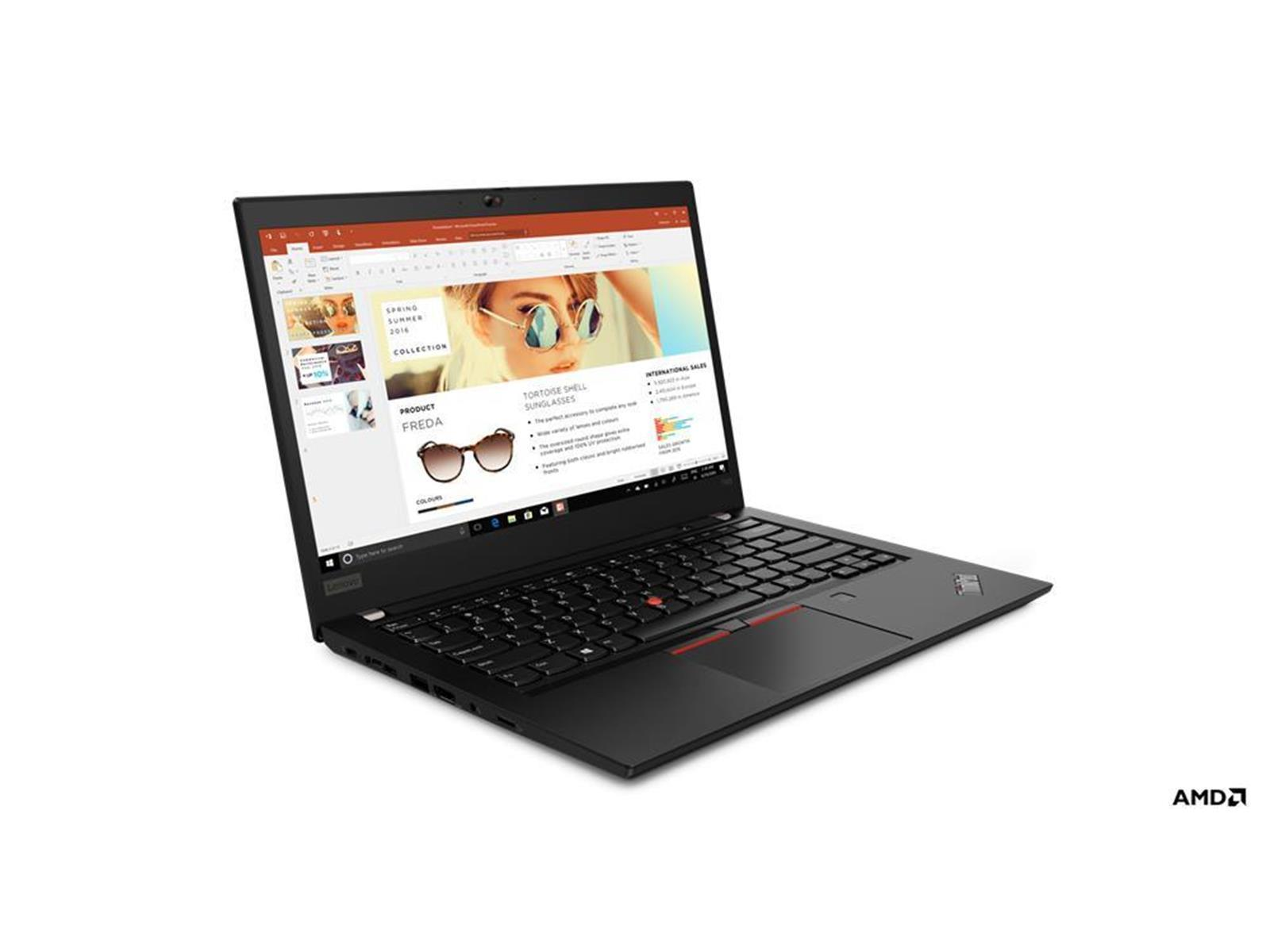 Schwarzes Lenovo-Laptop, geöffnet auf weißem Hintergrund. Der Bildschirm zeigt eine Präsentation.
