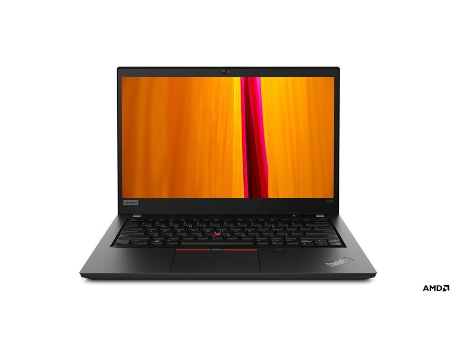 Schwarzes Lenovo-Laptop mit hellem orangefarbenem Bildschirm, der ein abstraktes Bild zeigt. AMD-Logo sichtbar.