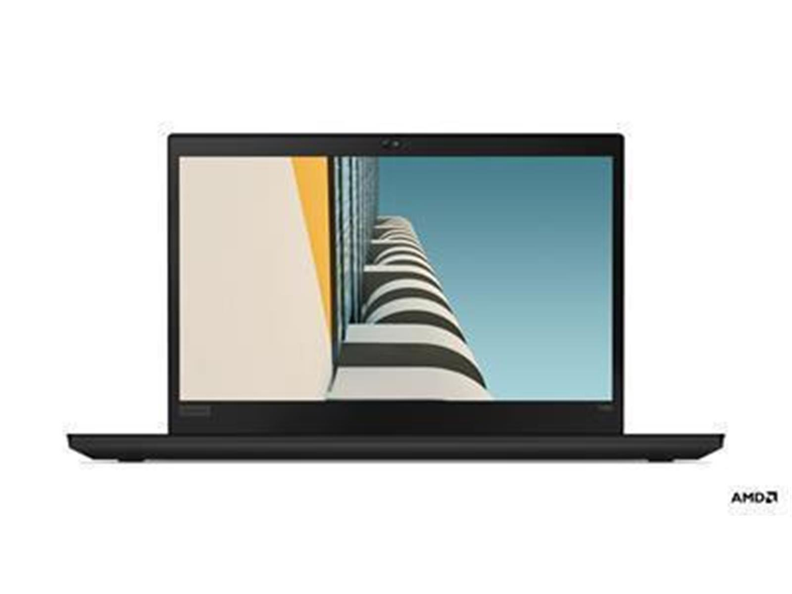 Schwarzer Laptop, der ein Gebäude auf dem Bildschirm zeigt. AMD-Logo sichtbar.