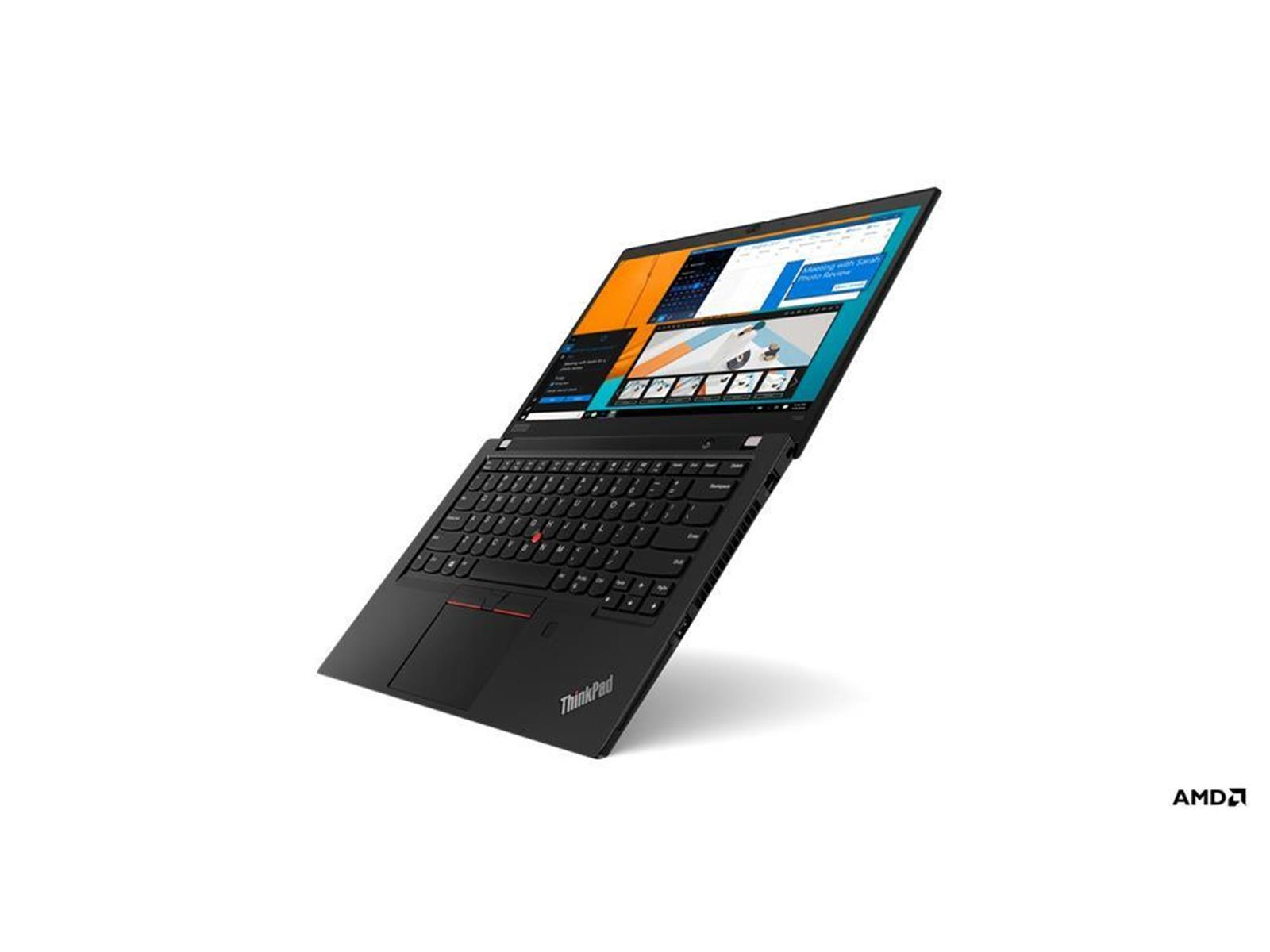 Schwarzer Laptop mit Bildschirm, der Diagramme anzeigt, geneigt, mit AMD-Logo, auf weißem Hintergrund.
