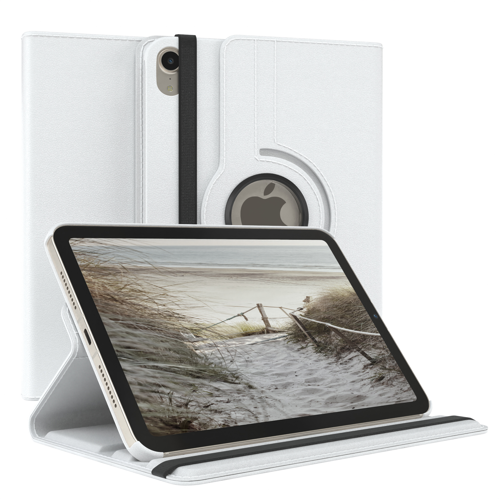 Weiße iPad-Hülle mit schwarzem Band und Bildschirm mit Strandszene.