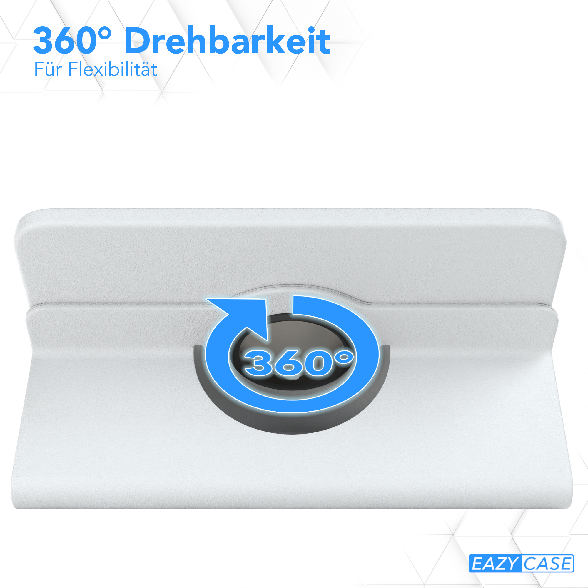 Weißes Gerät mit blauem Pfeil, der eine 360-Grad-Drehung anzeigt, Eazy Case-Logo unten.