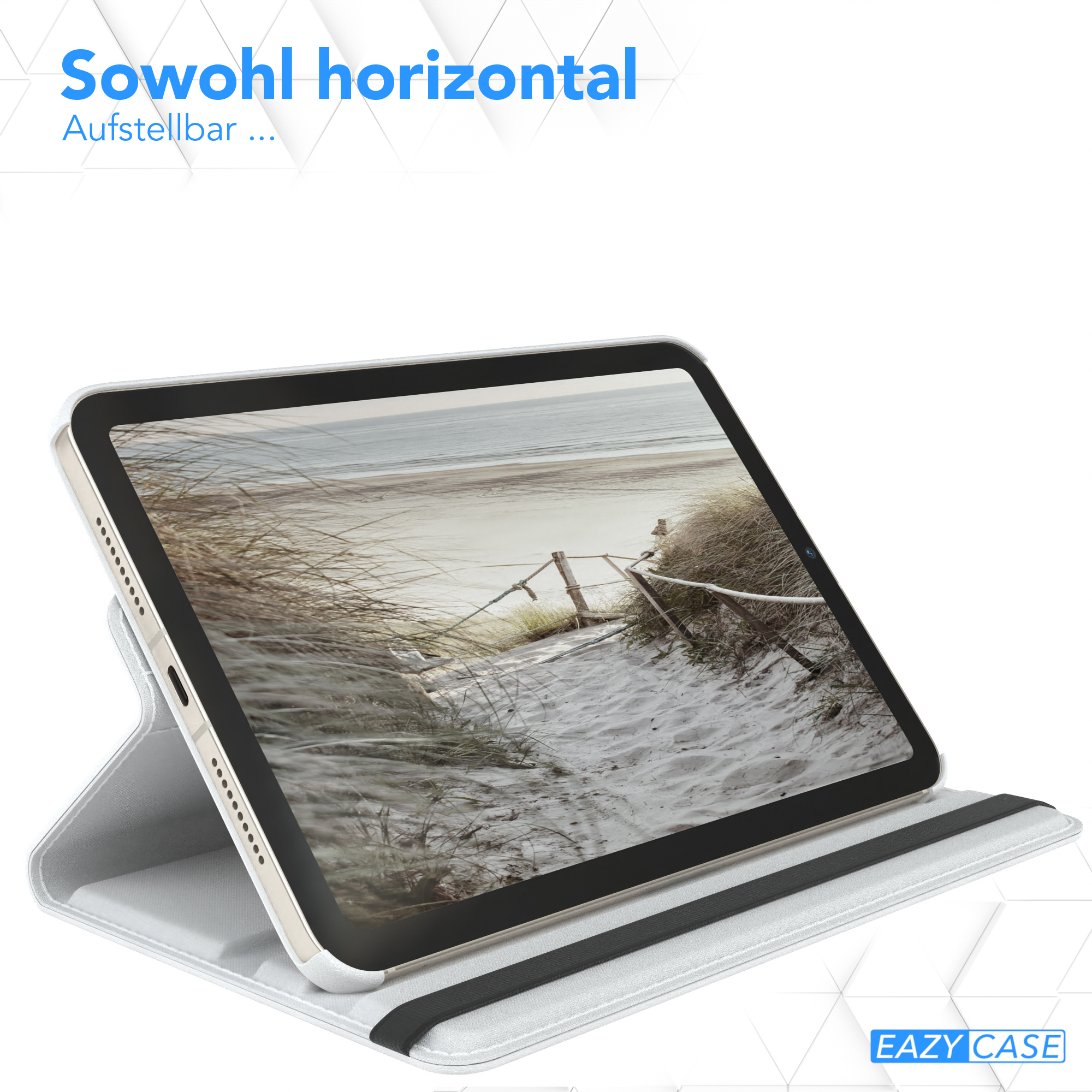 Ein Tablet in einer weißen Hülle, schräg dargestellt. Deutscher Text deutet auf horizontale Nutzung hin.