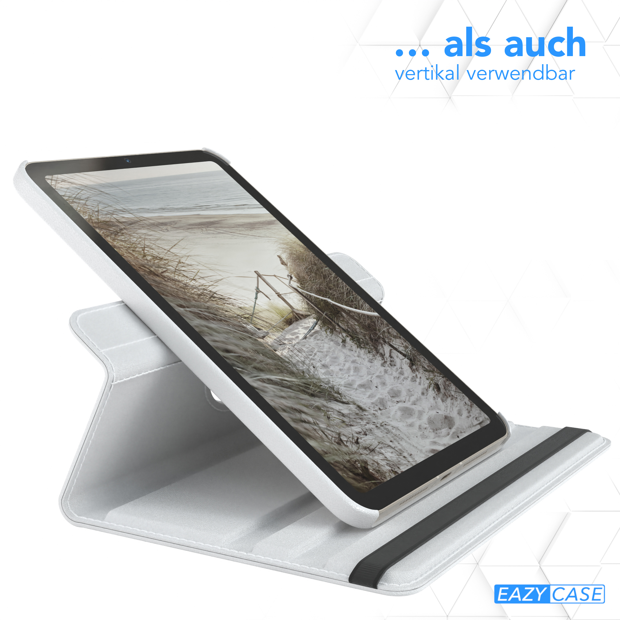 Ein weißes Tablet in einem weißen Ständer, das eine Strandszene zeigt, abgewinkelt.