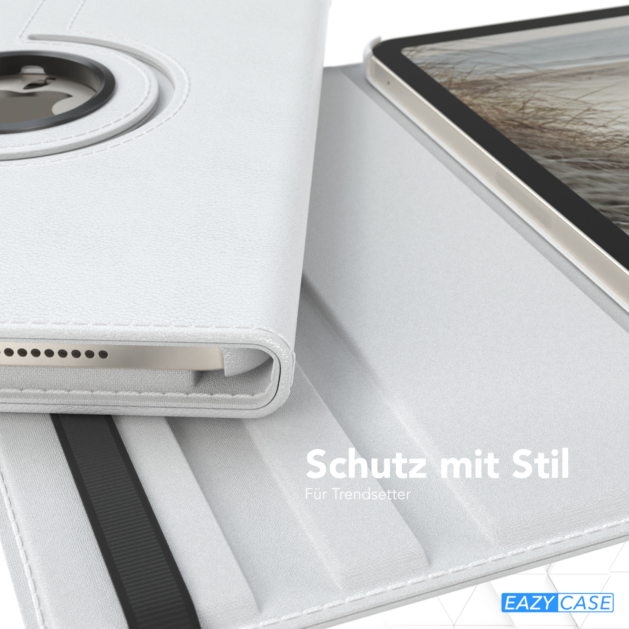 Weiße Tablet-Hülle mit Drehring und schwarzem Riemen, offen, zeigt ein Tablet.