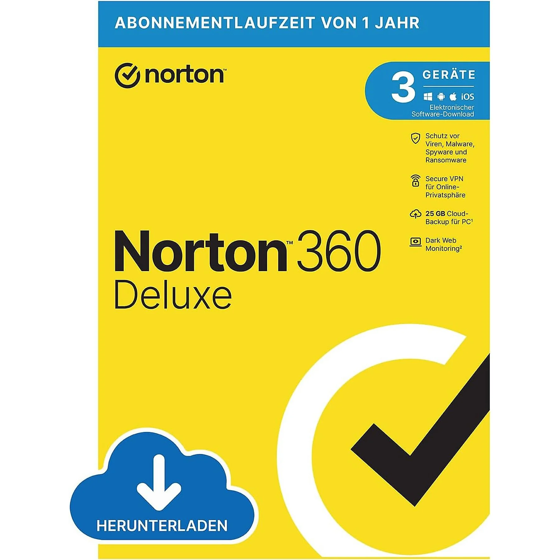 Norton 360 Deluxe Softwarebox mit Cloud-Download-Logo und Häkchen.
