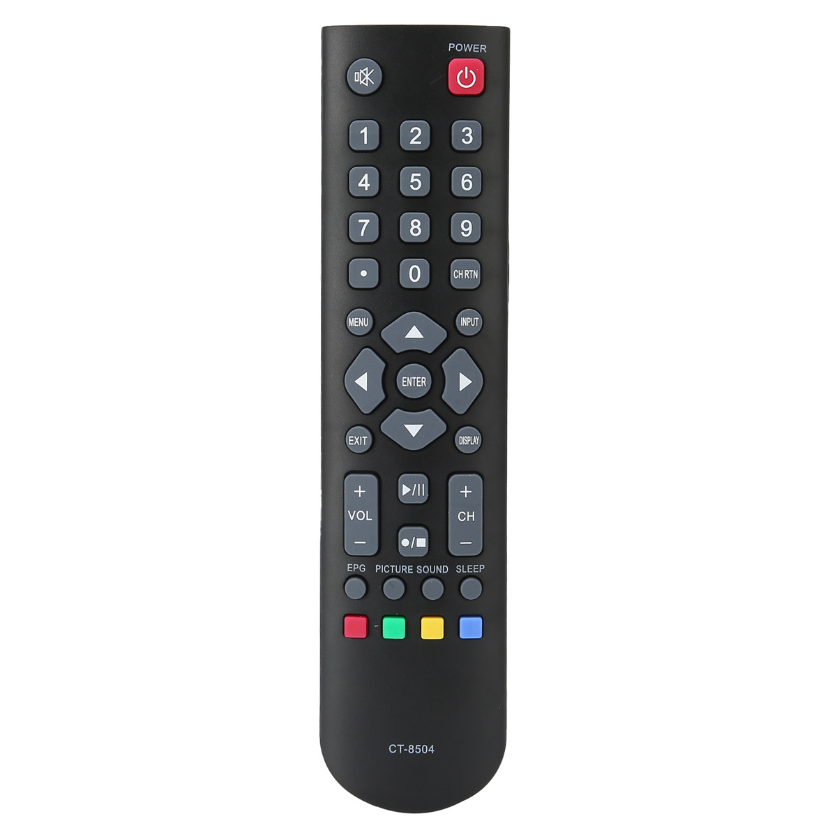 Eine schwarze TV-Fernbedienung mit verschiedenen Tasten und einer Power-Taste.