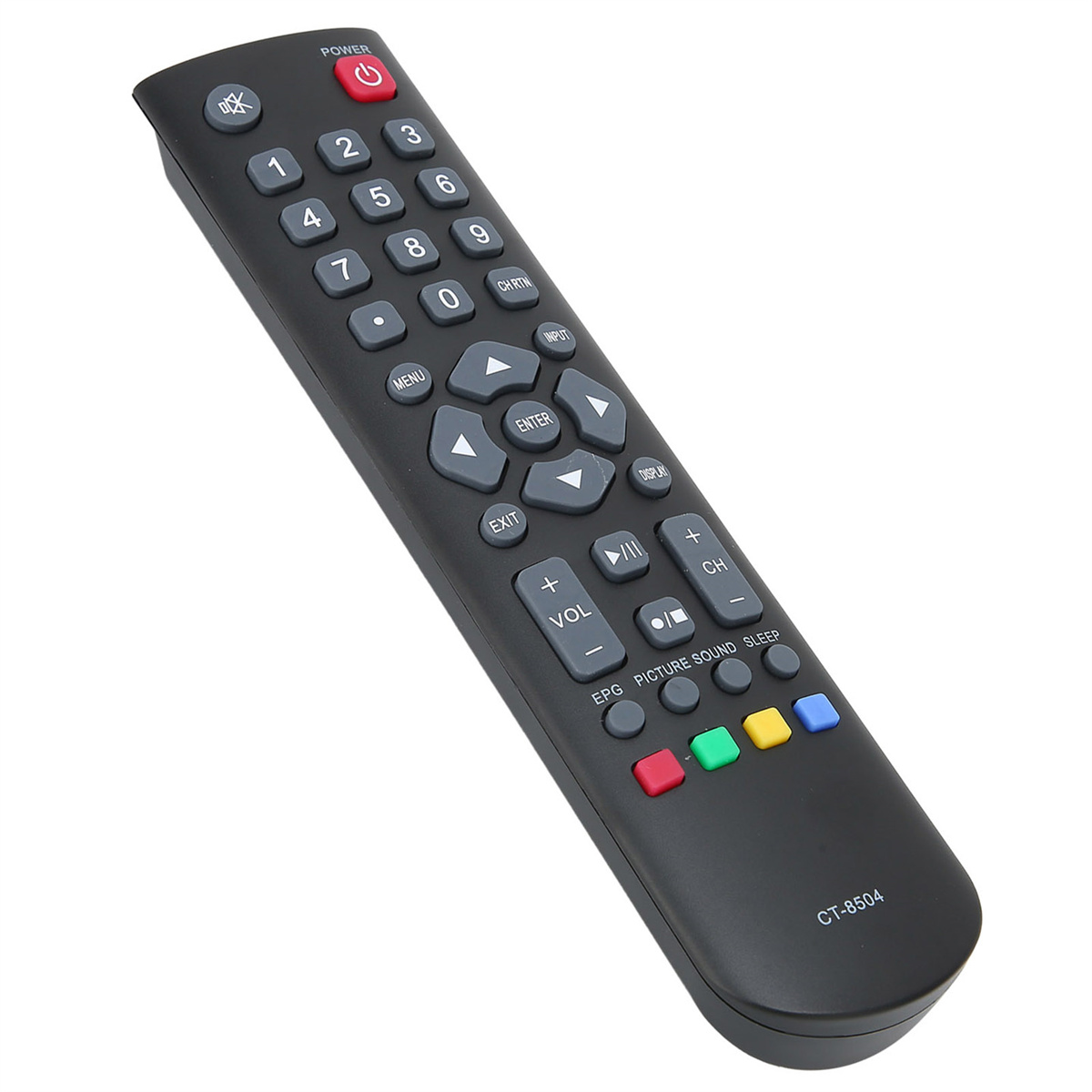 Schwarze TV-Fernbedienung mit verschiedenen Tasten, einschließlich Ein/Aus, Zahlen und Richtungstasten.