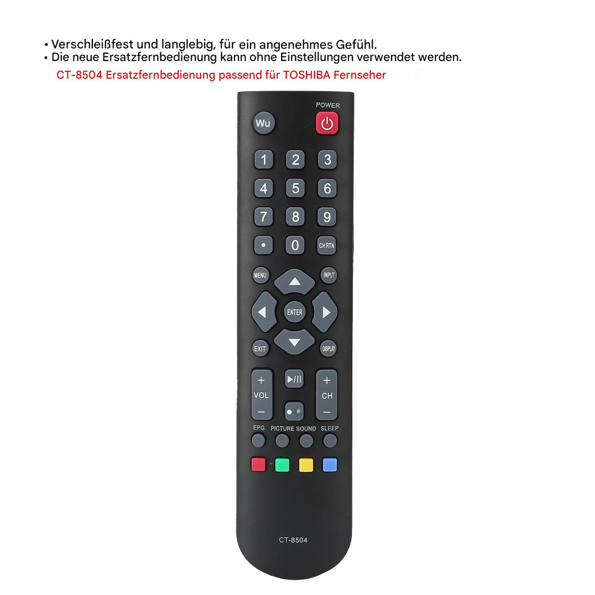 Schwarze TV-Fernbedienung mit Tasten. Text: CT-8504. Weißer Hintergrund.