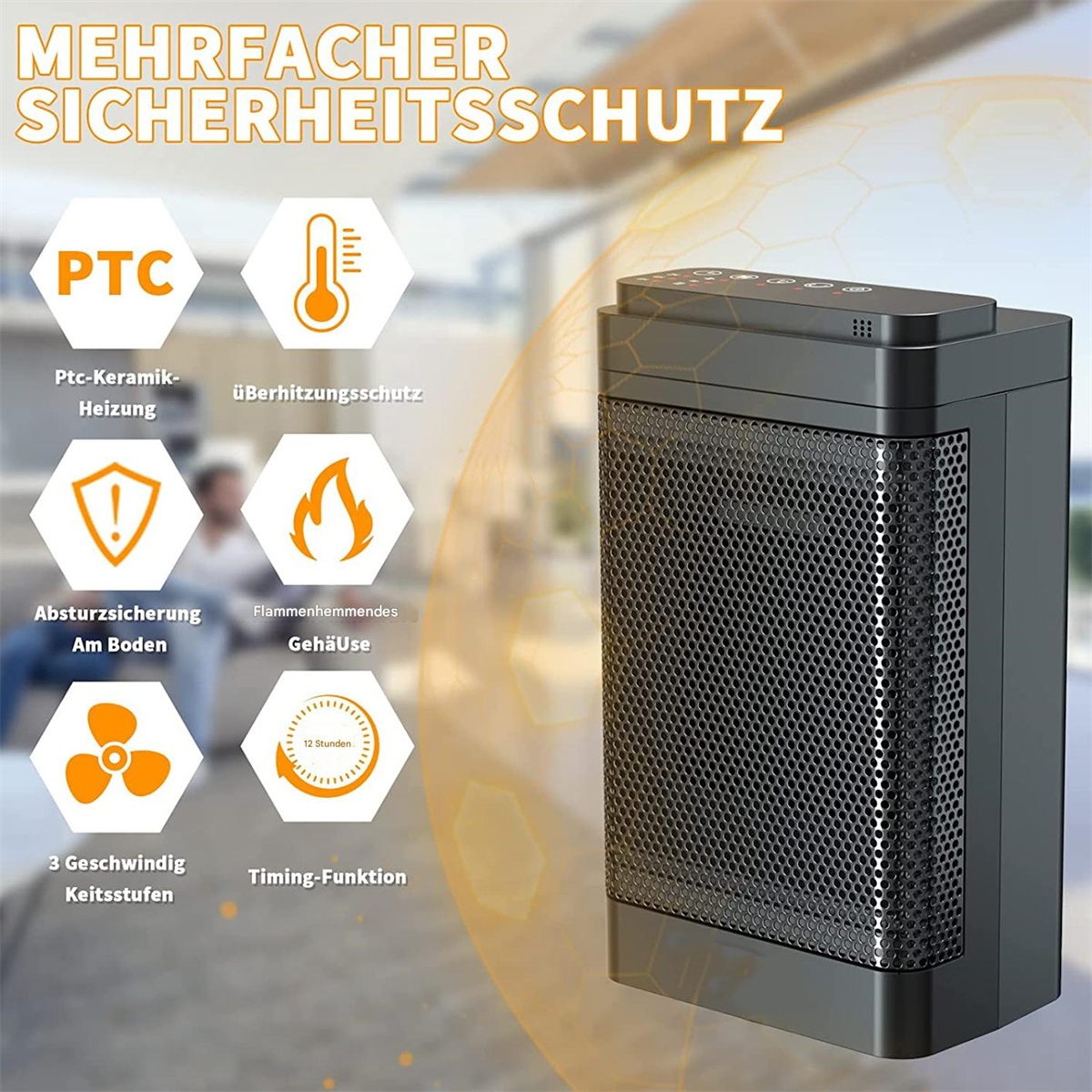 Schwarz-graue Elektroheizung mit Bedienfeld und Sicherheitsmerkmalen.