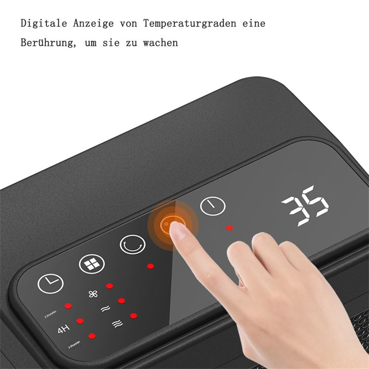 Eine Hand berührt eine digitale Anzeige eines Heizgeräts, die die Zahl 35 und andere Bedienelemente zeigt.