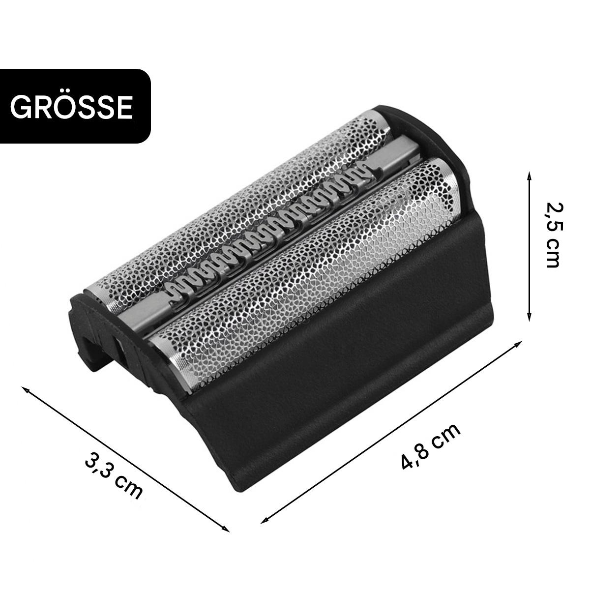 Nahaufnahme eines Rasiererkopfes mit den Maßen: 4,8 cm x 3,3 cm x 2,5 cm.