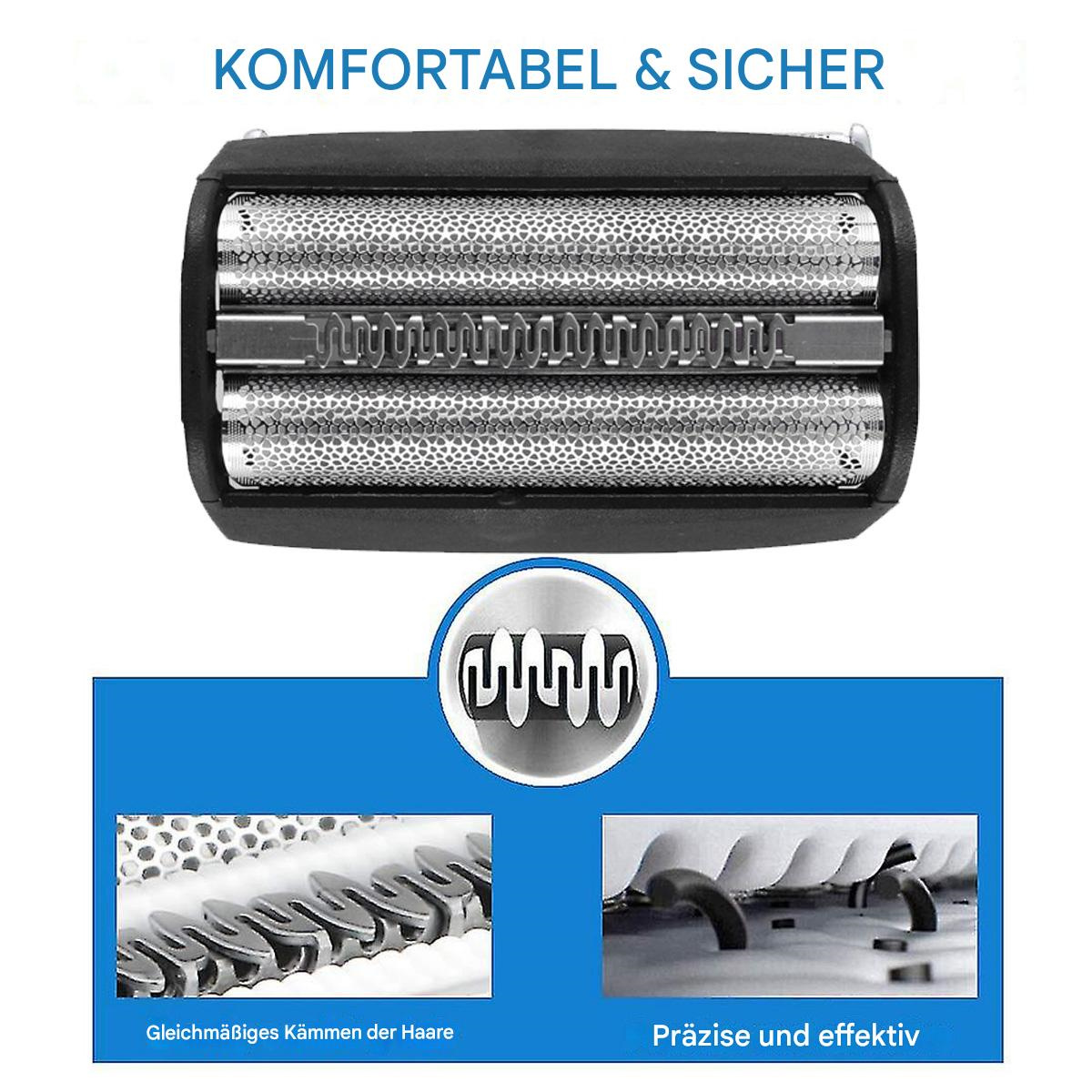 Nahaufnahme eines Rasiererkopfes mit Klingen und Details des Schneidmechanismus.