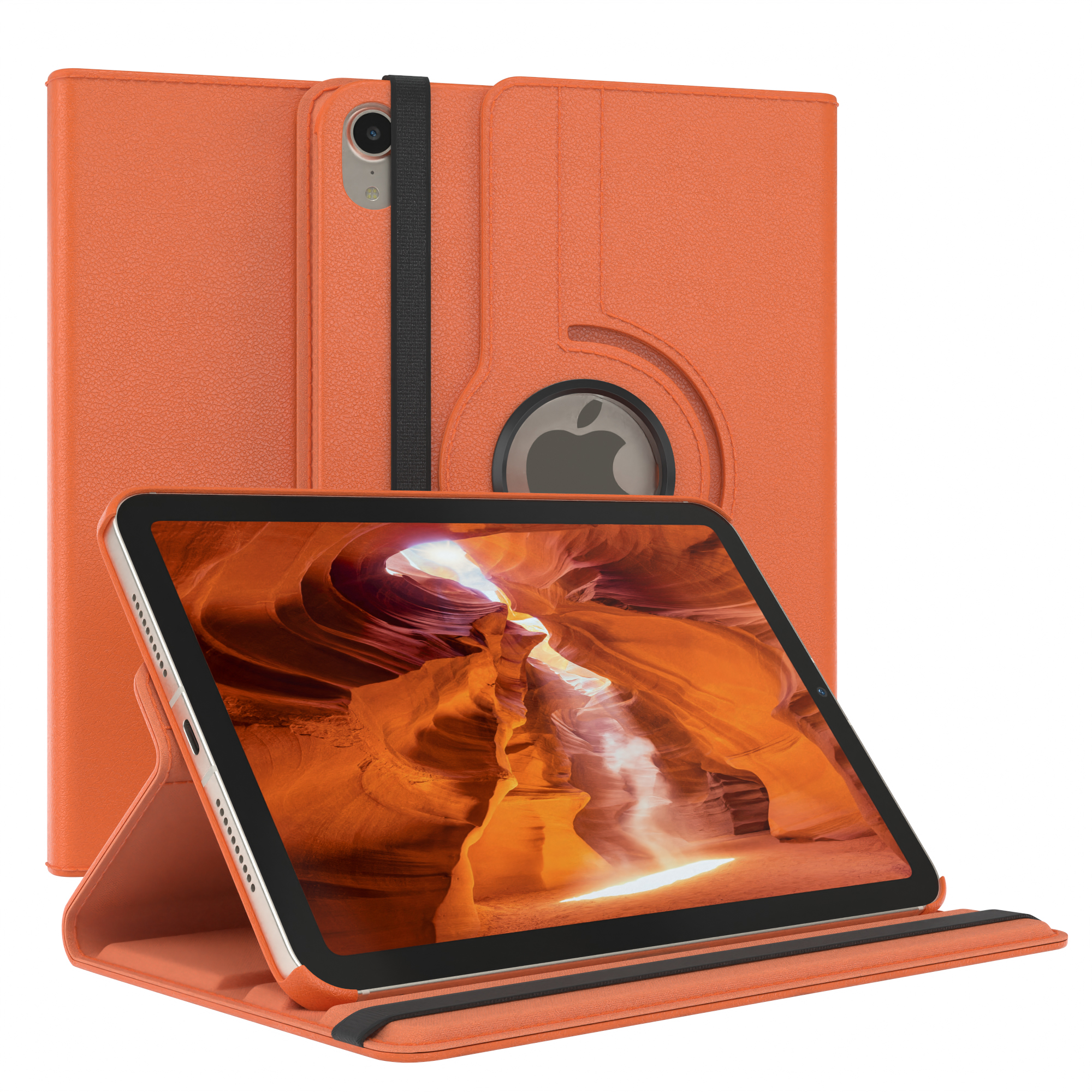 Orangefarbenes Tablet in einer Hülle, geöffnet mit Landschaftsbild.
