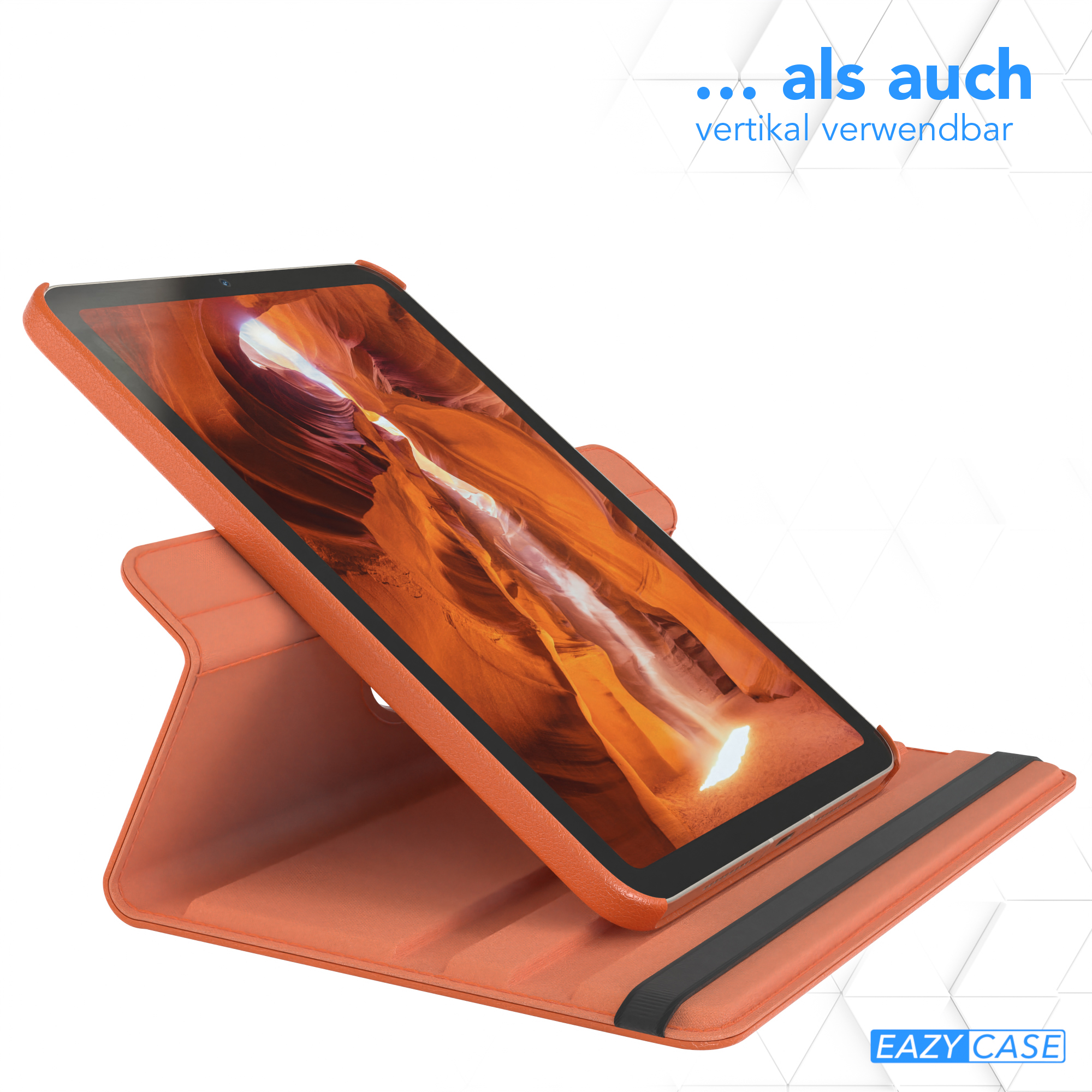 Tablet in orangefarbener Hülle, angewinkelt, mit Ständer. Text auf Deutsch: 'als auch vertikal verwendbar'.
