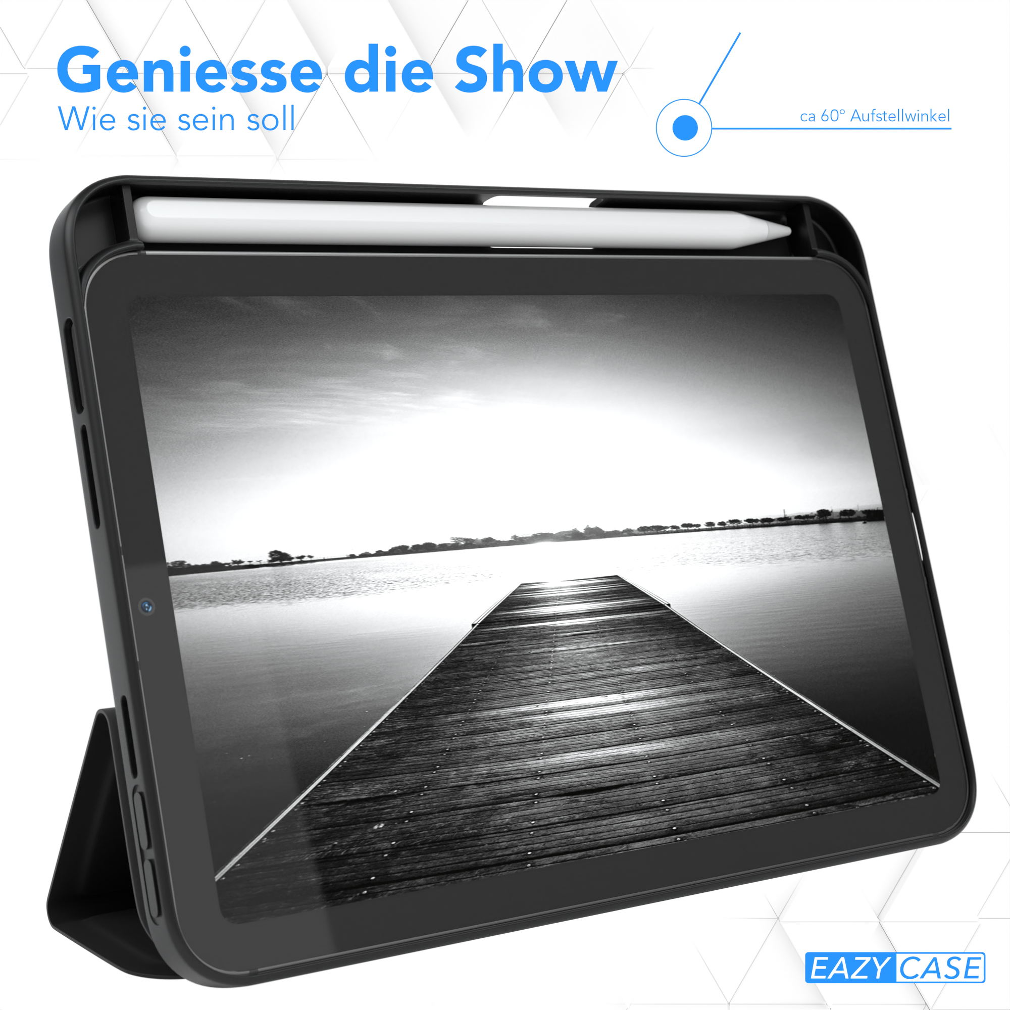 Tablet in schwarzem Gehäuse mit Stift. Der Bildschirm zeigt eine Graustufen-Landschaftsszene.