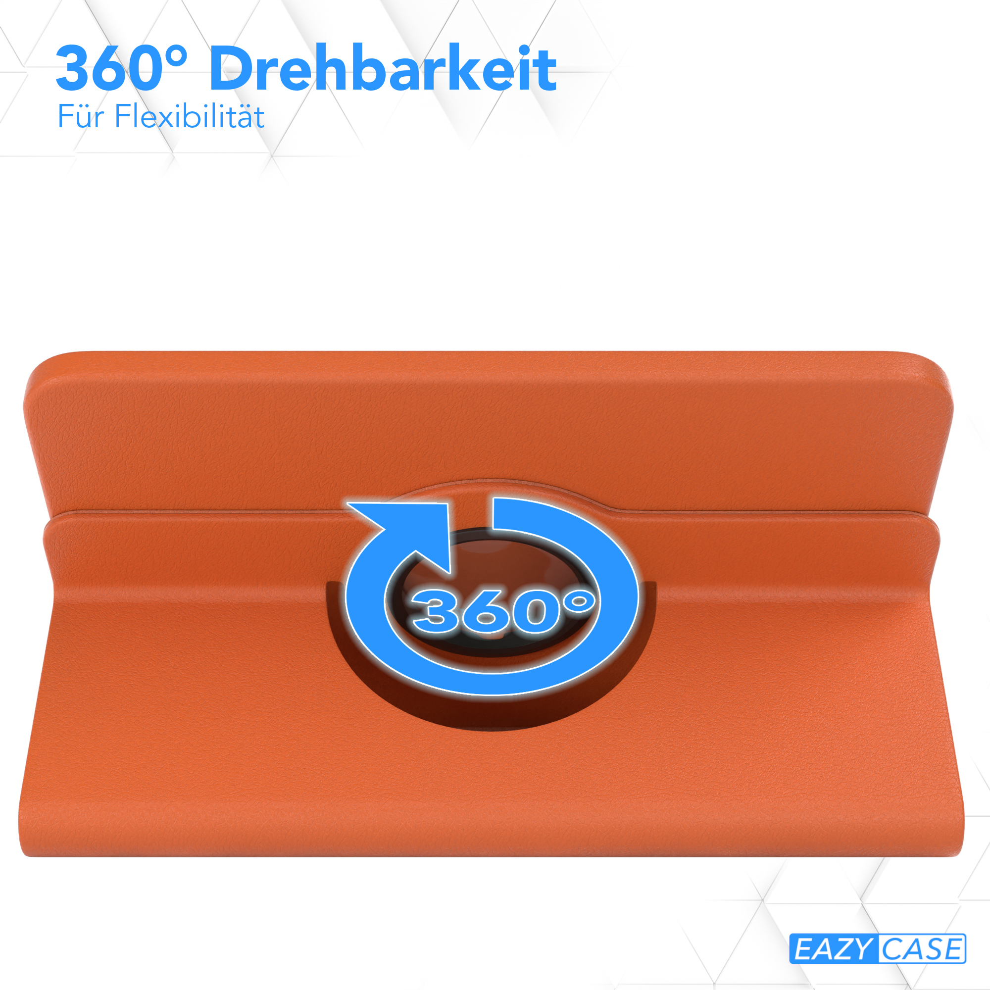 Orangener Tablet-Ständer mit 360-Grad-Drehsymbol und Text: 360° Drehbarkeit.