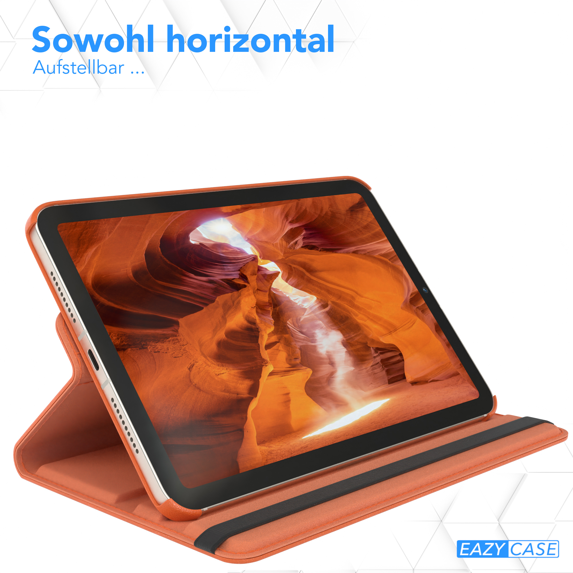 Eine orangefarbene Tablethülle, geöffnet, mit Tablet und Standfunktion.