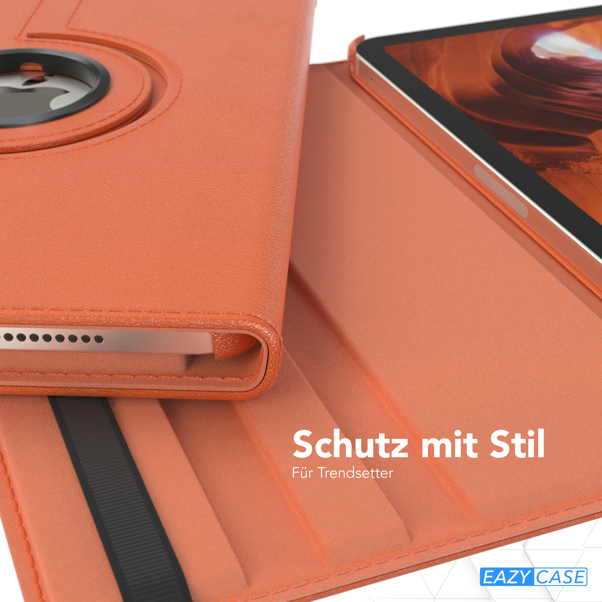 Orangene Tablet-Hülle mit Text und geöffnetem Tablet. Eine Schutzfolie wird gezeigt.