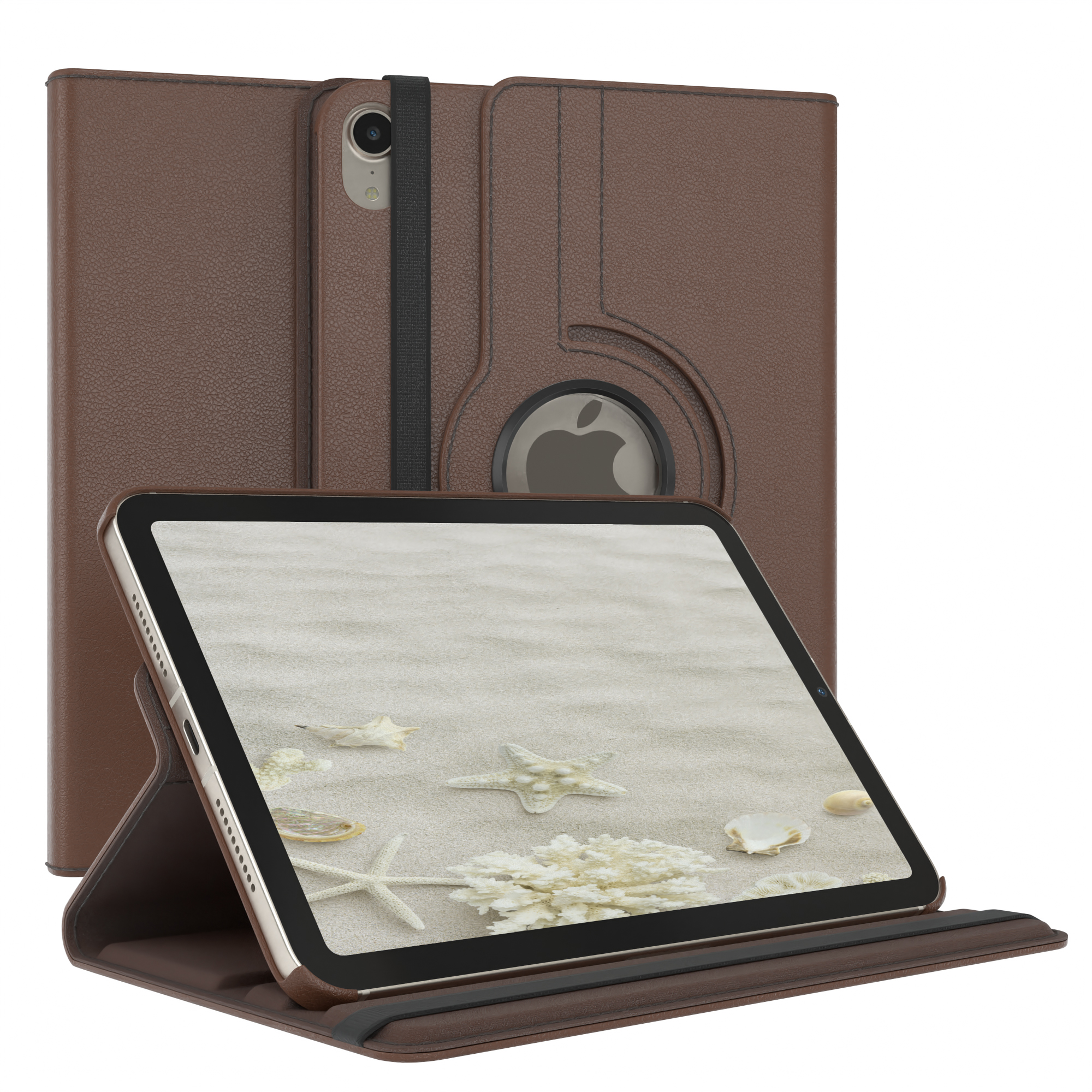 Braune Tablethülle mit einem Tablet darin. Strandansicht auf dem Bildschirm. Weißer Hintergrund.