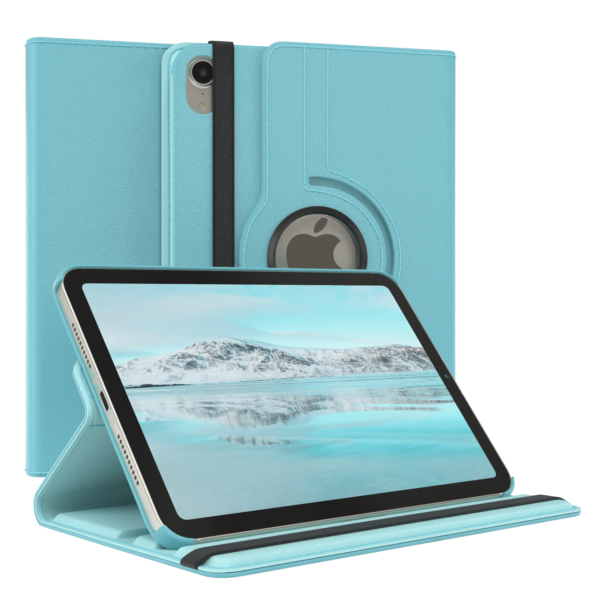 Blaue Tablet-Hülle mit Tablet. Das Tablet zeigt eine verschneite Landschaft.