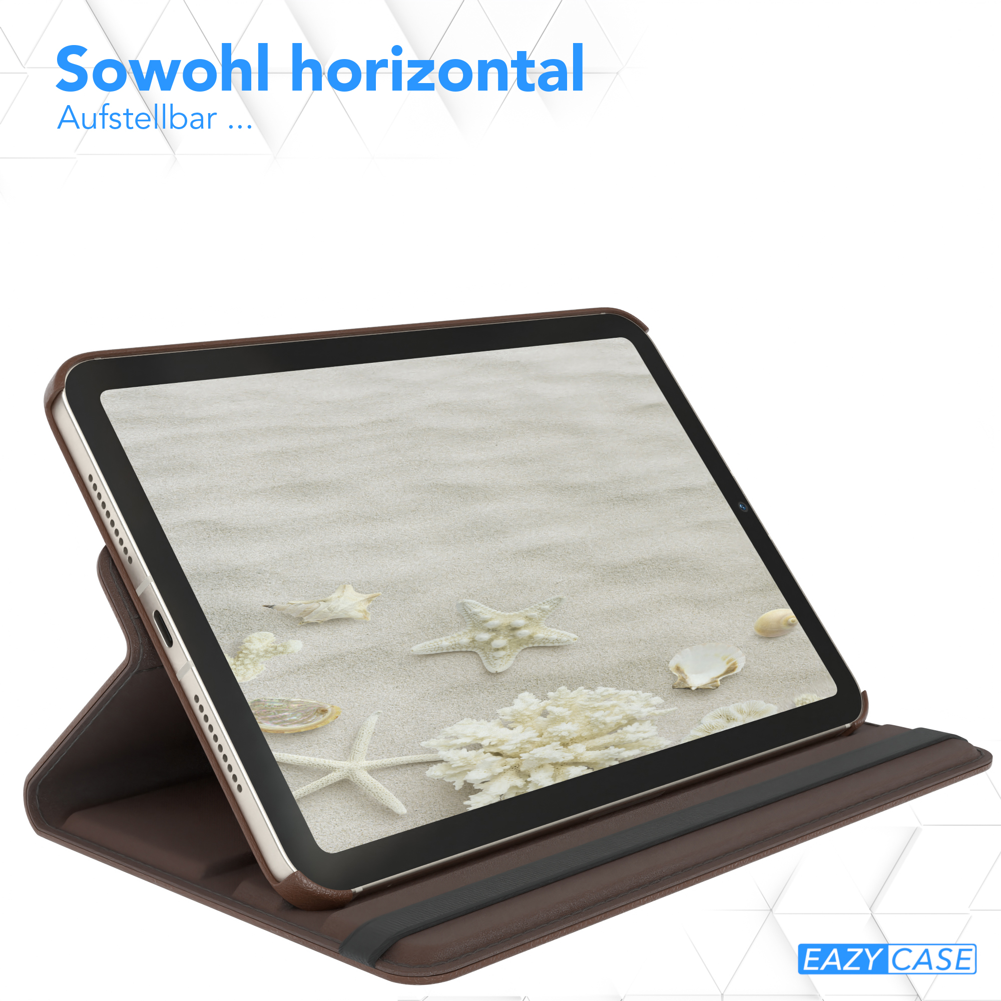 Eine braune Tablethülle, geöffnet, um einen Bildschirm mit Sandstrand und Muscheln zu zeigen.