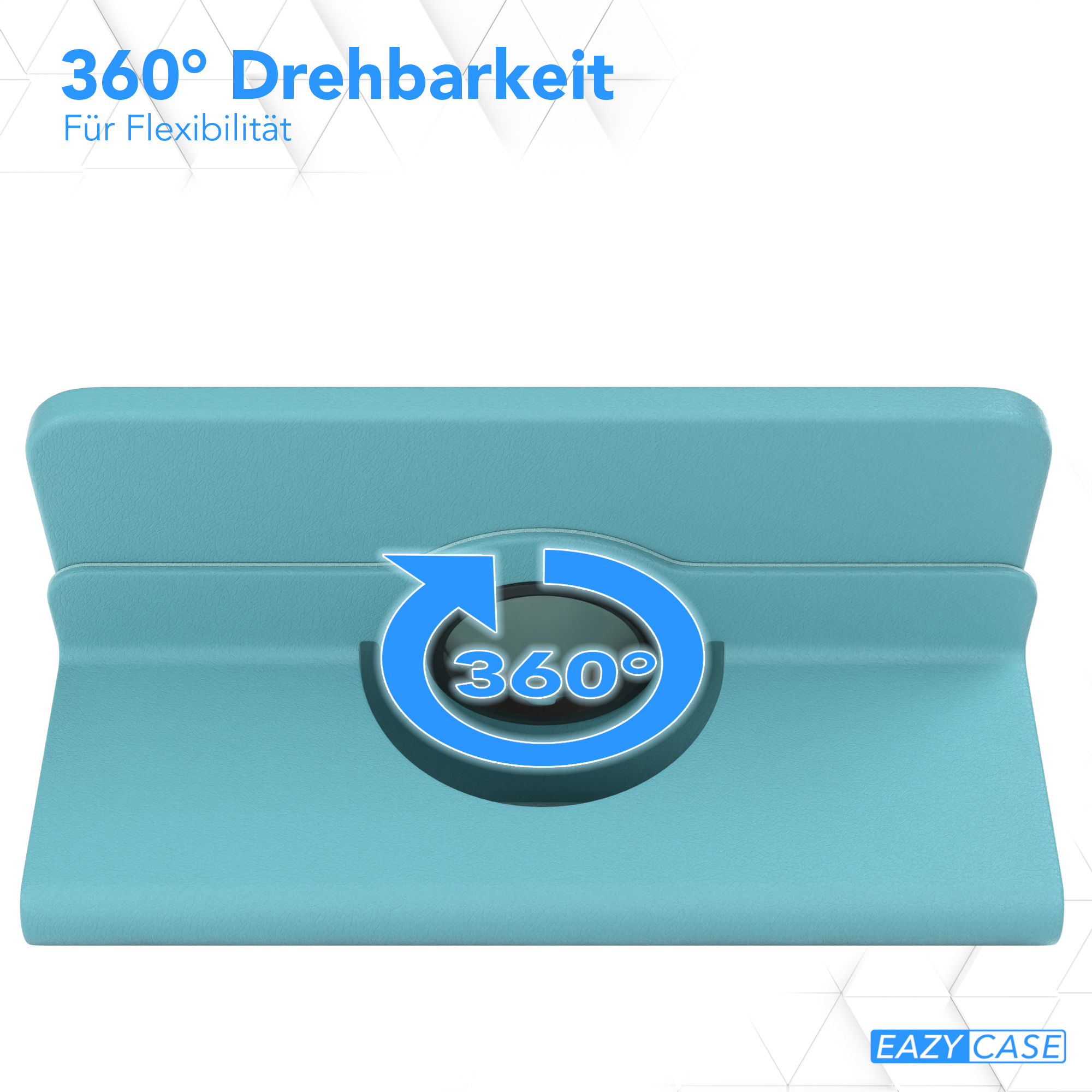 Ein türkisfarbenes Gehäuse mit einem 360-Grad-Rotationssymbol, das Flexibilität anzeigt.