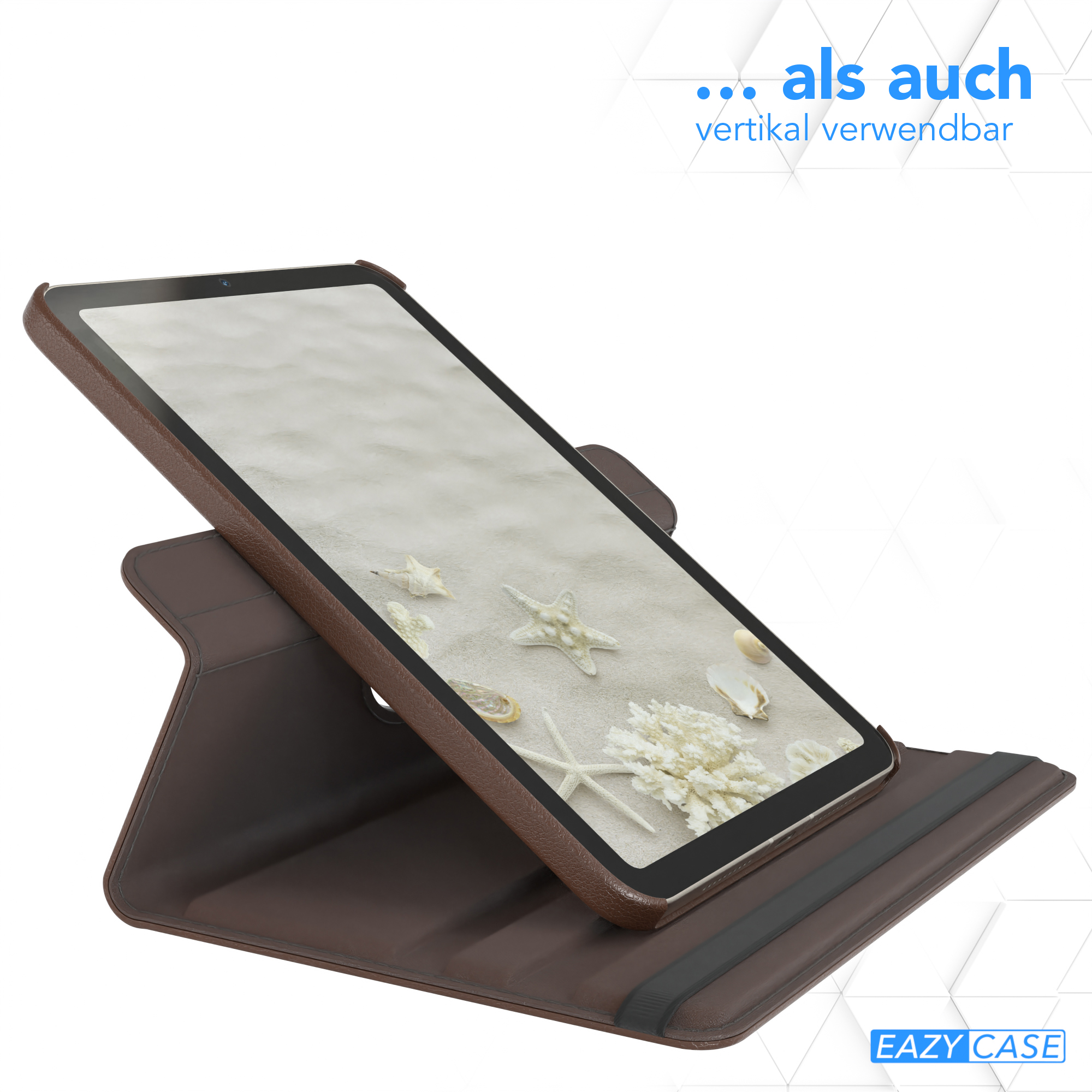 Tablet in brauner Hülle mit Strandbild auf dem Bildschirm, zum Betrachten aufgestellt.