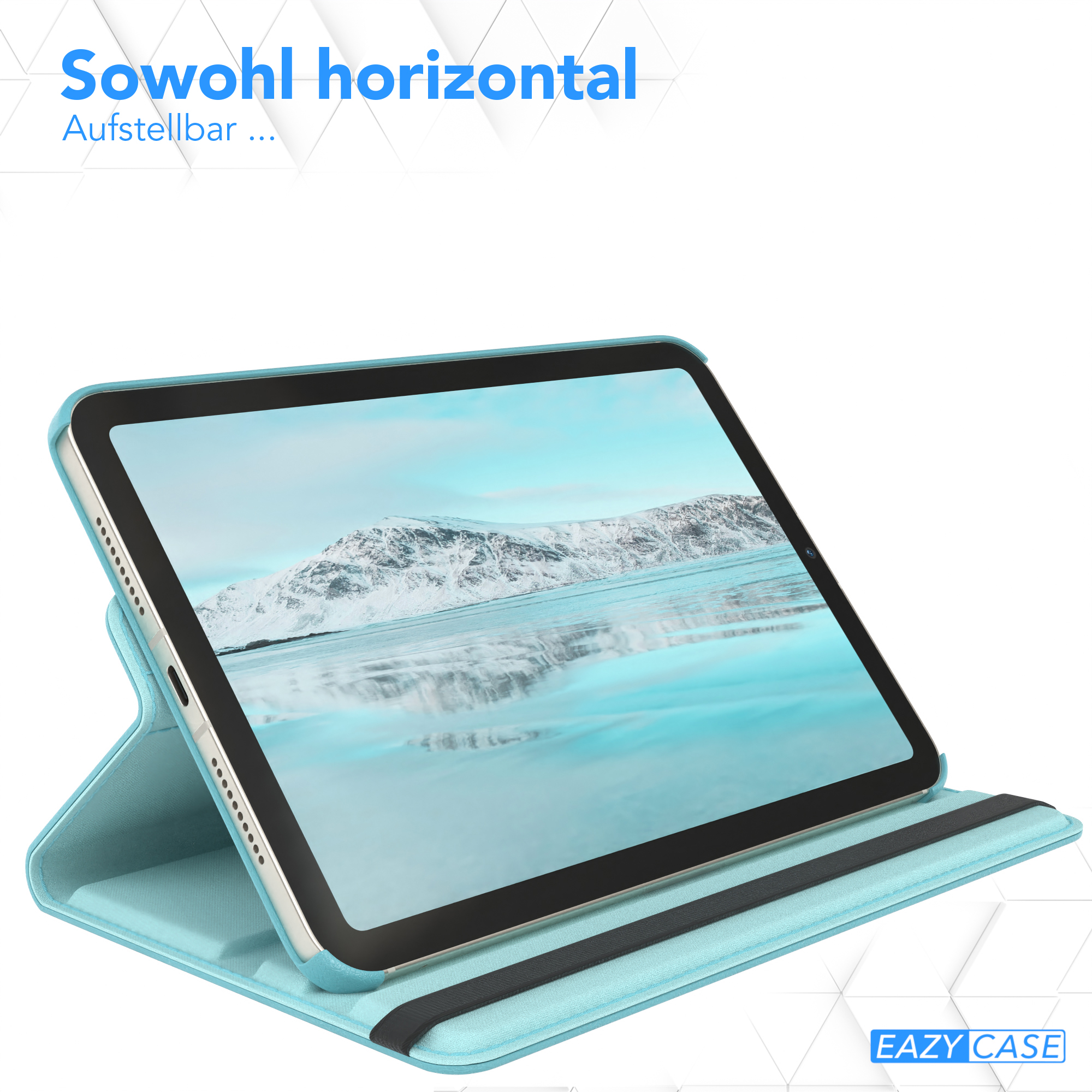 Ein Tablet in hellblauem Gehäuse, geöffnet und abgewinkelt, zeigt Bildschirm.