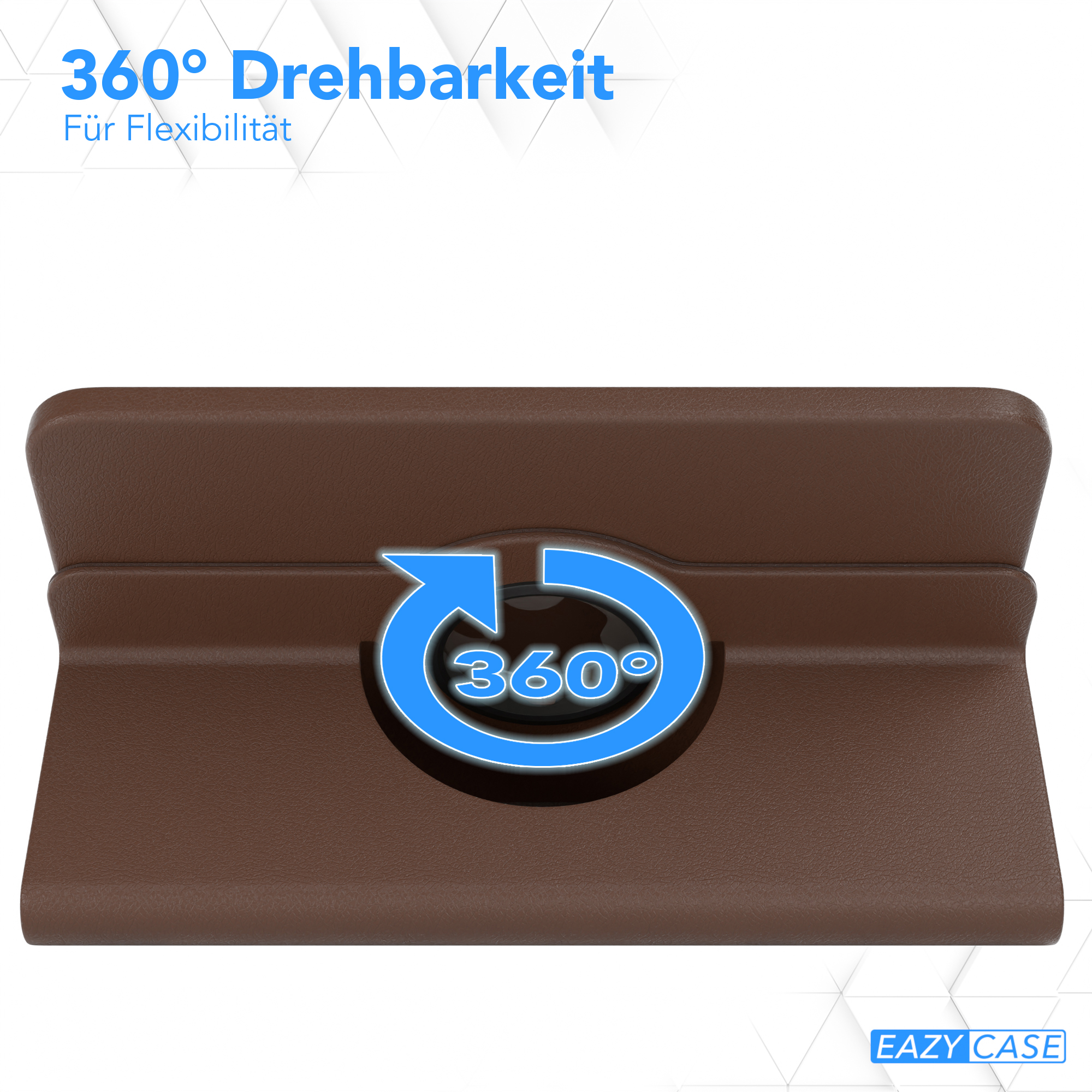 Brauner Tablet-Ständer mit einem 360-Grad-Drehsymbol in der Mitte. Blauer Pfeil zeigt die Drehung an.
