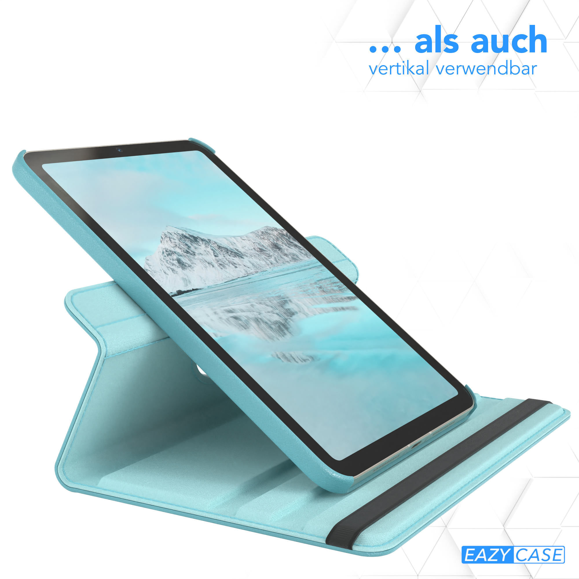 Tablet in hellblauer Hülle, angewinkelt. Text im Hintergrund.