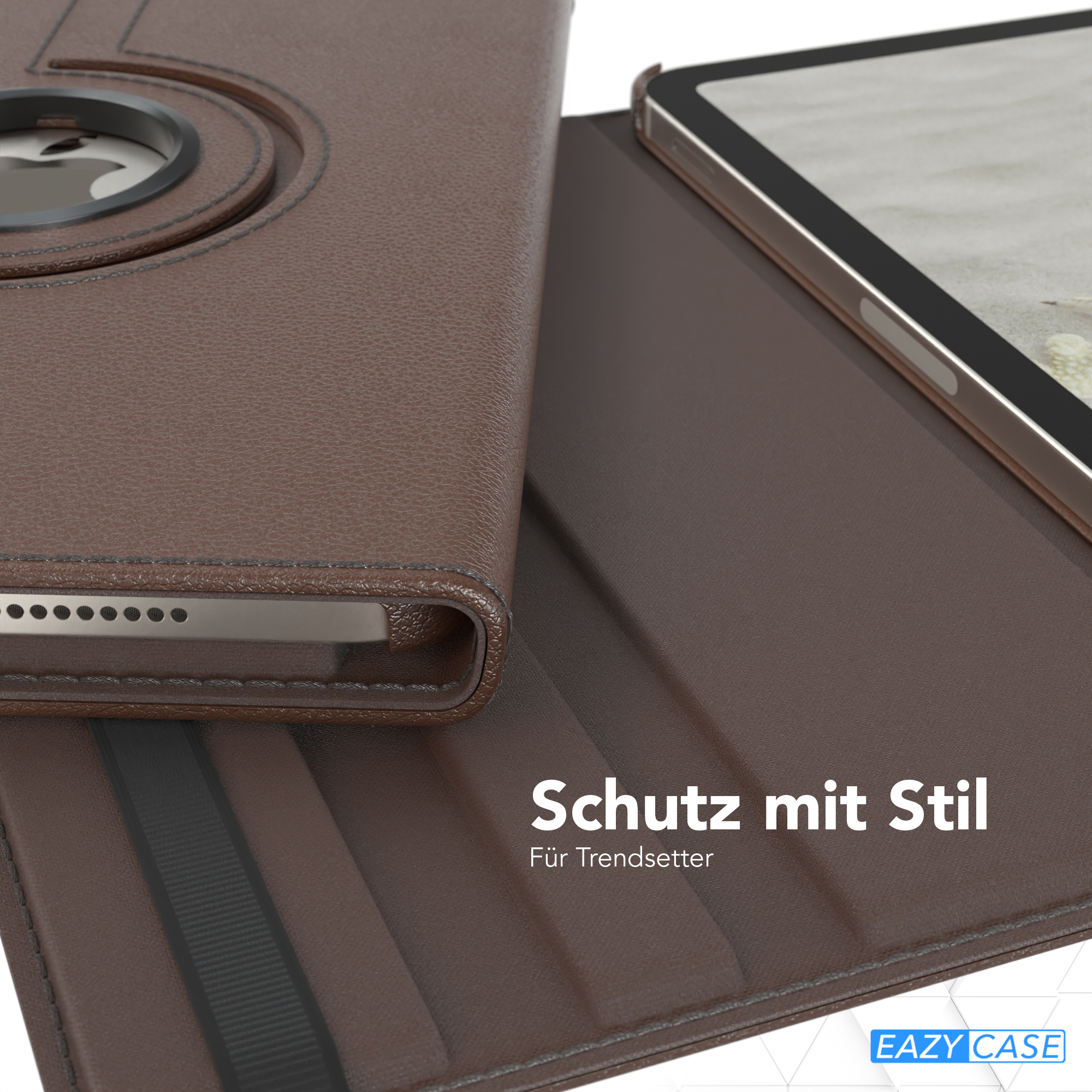 Eine braune Tablethülle mit Drehmechanismus. Das Tablet ist teilweise sichtbar.