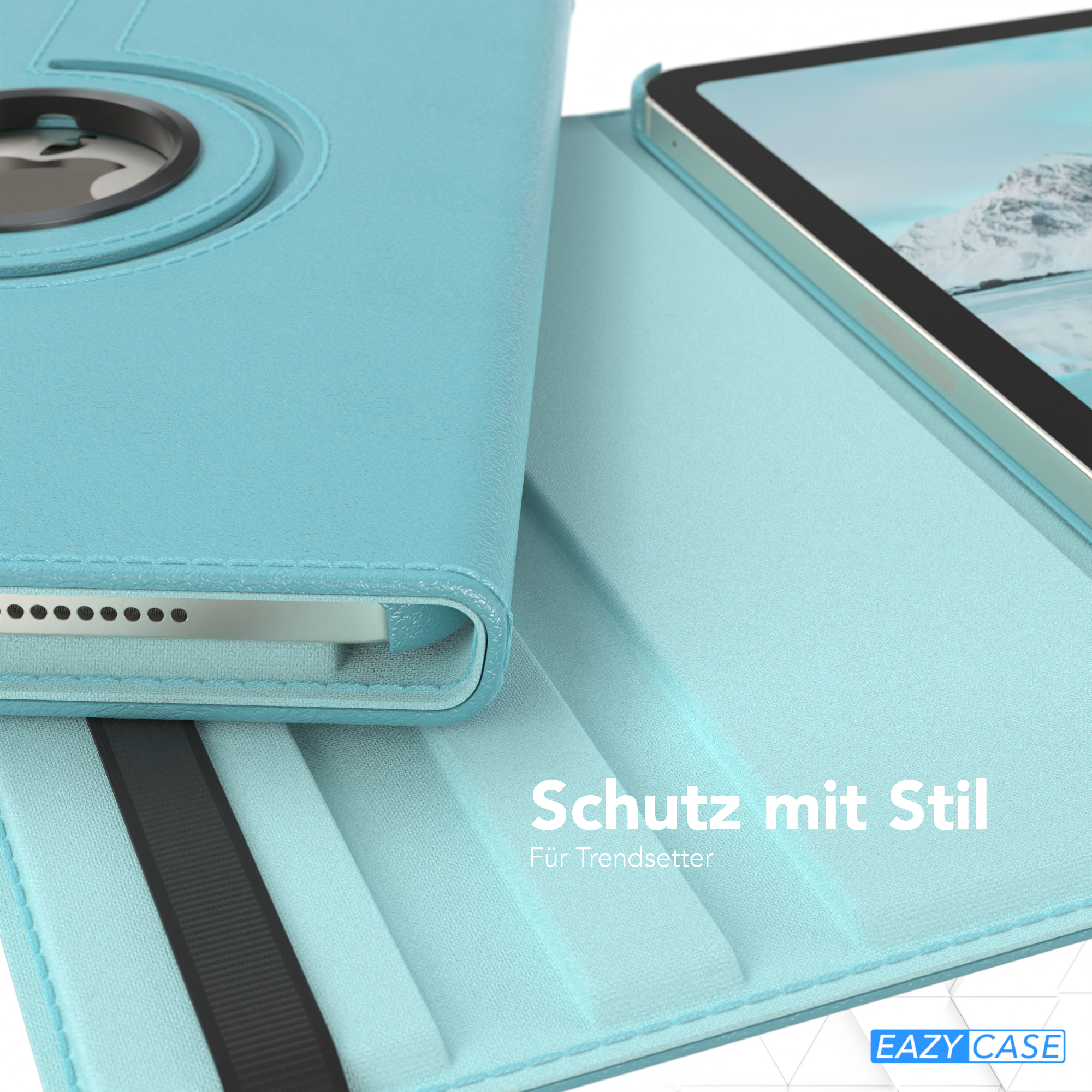 Blaue Tablet-Hülle mit einem Tablet darin. Türkisfarbene Lederhülle, weißer Hintergrund.