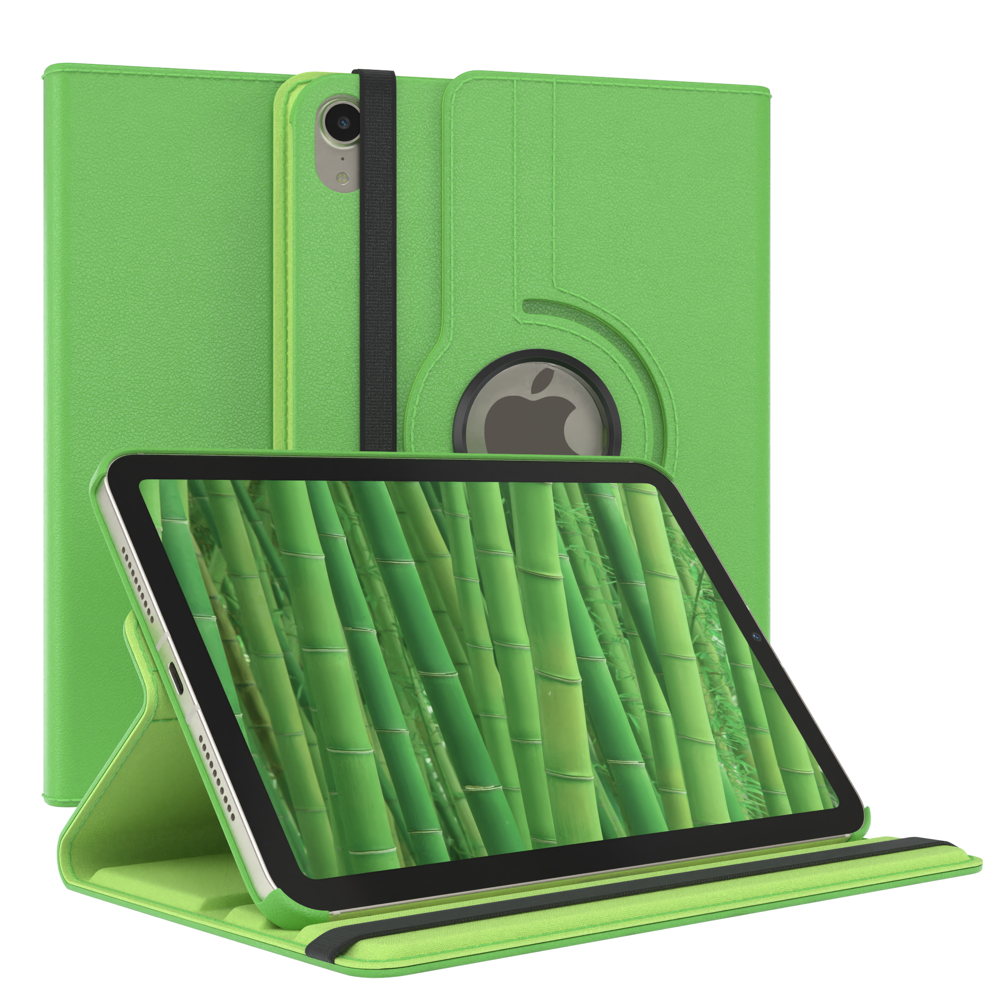 Ein grünes Tablet in passender Hülle, geöffnet zur Anzeige eines Bambuswald-Bildes, die Hülle dient als Ständer.