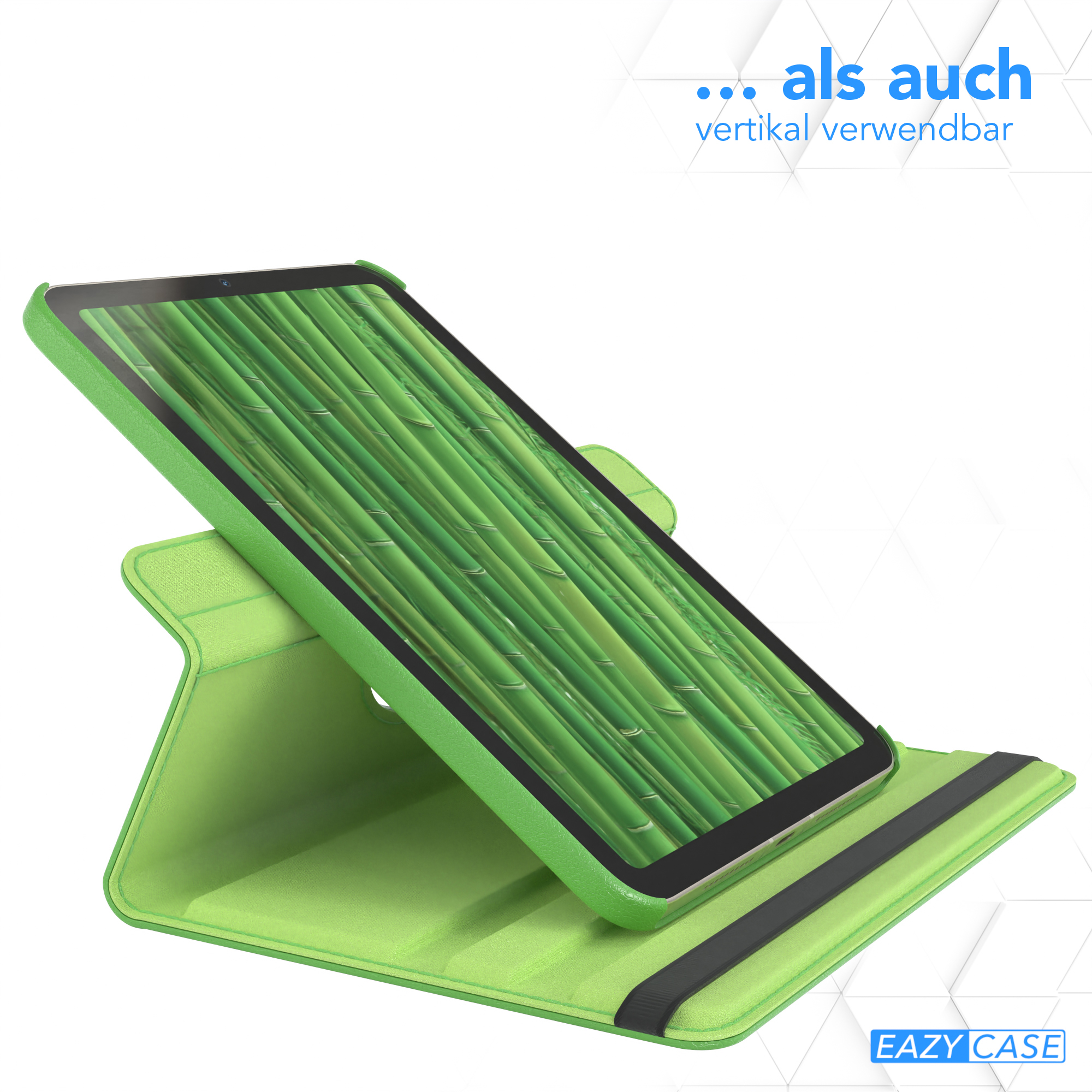 Grünes Tablet in einer grünen Hülle, aufrecht stehend. Der Tablet-Bildschirm zeigt ein Bambusbild.