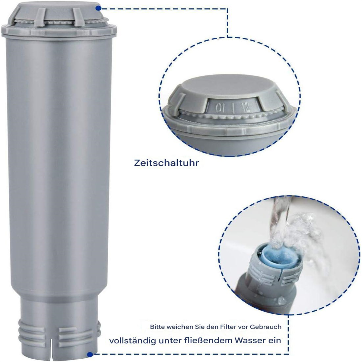 Eine graue Wasserfilterpatrone. Sie hat einen Timer, und eine Nahaufnahme zeigt Wasser, das durch den Filter fließt.