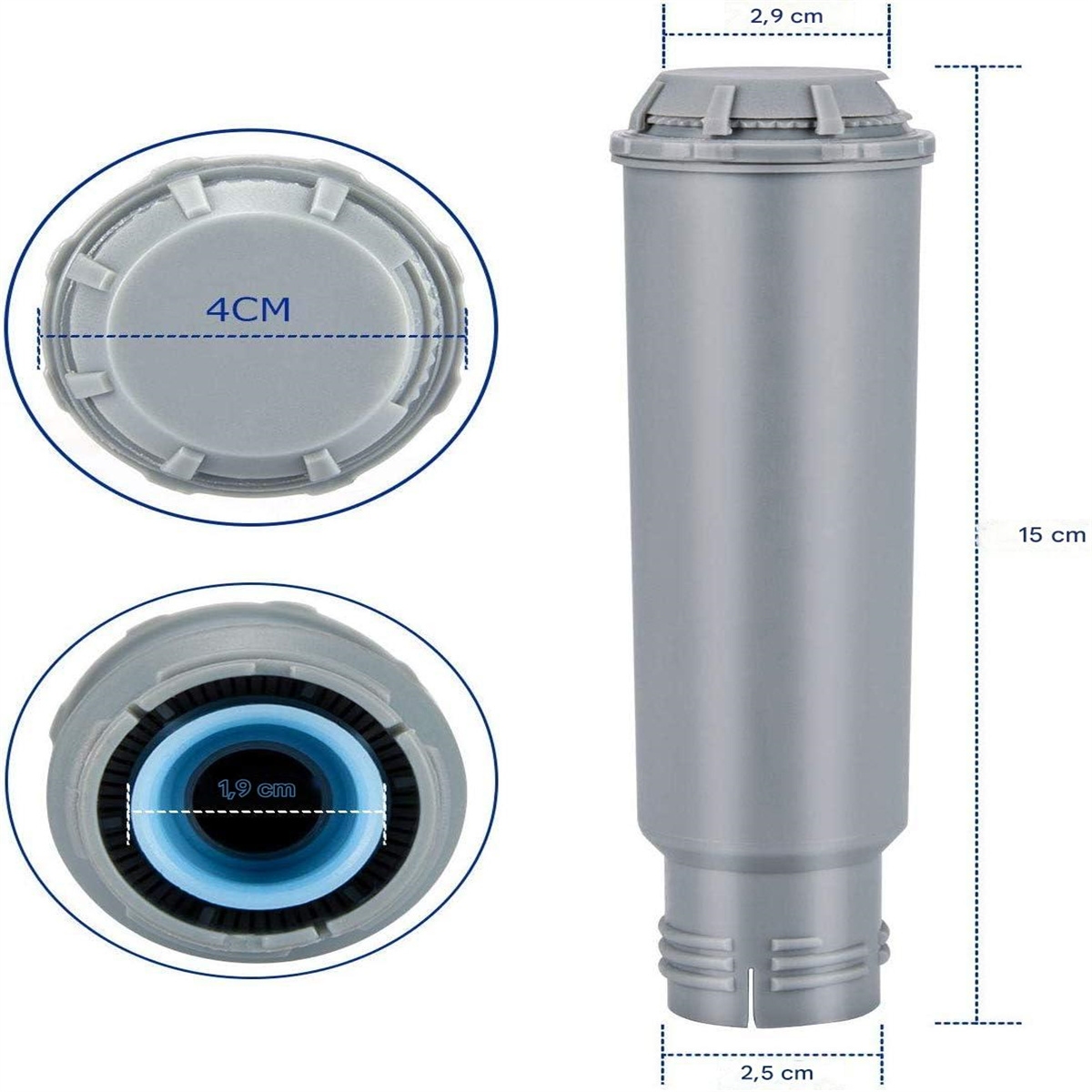 Wasserfilter für Kaffeemaschinen, mit Abmessungen, Ansichten von oben, seitlich und unten.