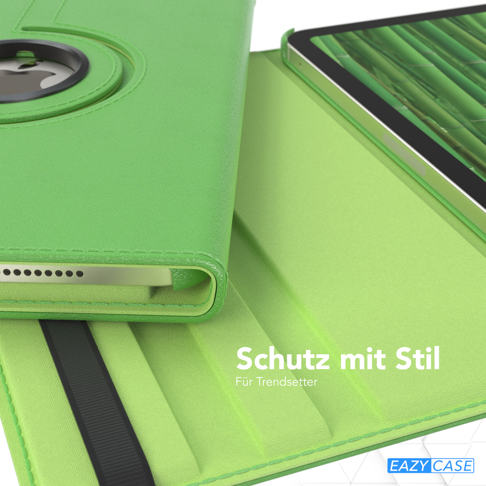 Grüne iPad-Hülle, teilweise geöffnet, mit grünem iPad und Text darauf.