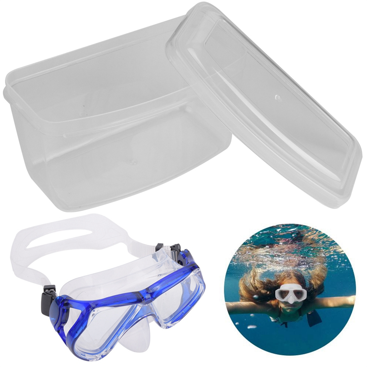 Transparenter Kunststoffbehälter mit Deckel und blau-klare Schwimmbrille.