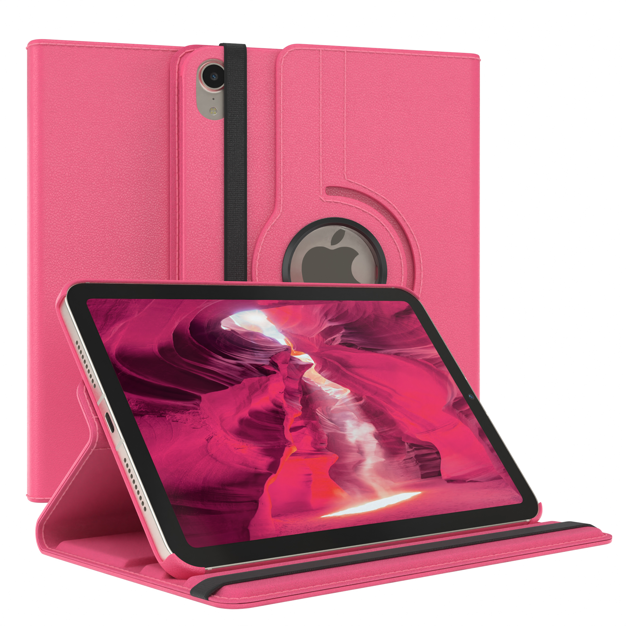 Rosa Tablet in einer Hülle, geöffnet, um ein Landschaftsbild zu zeigen.
