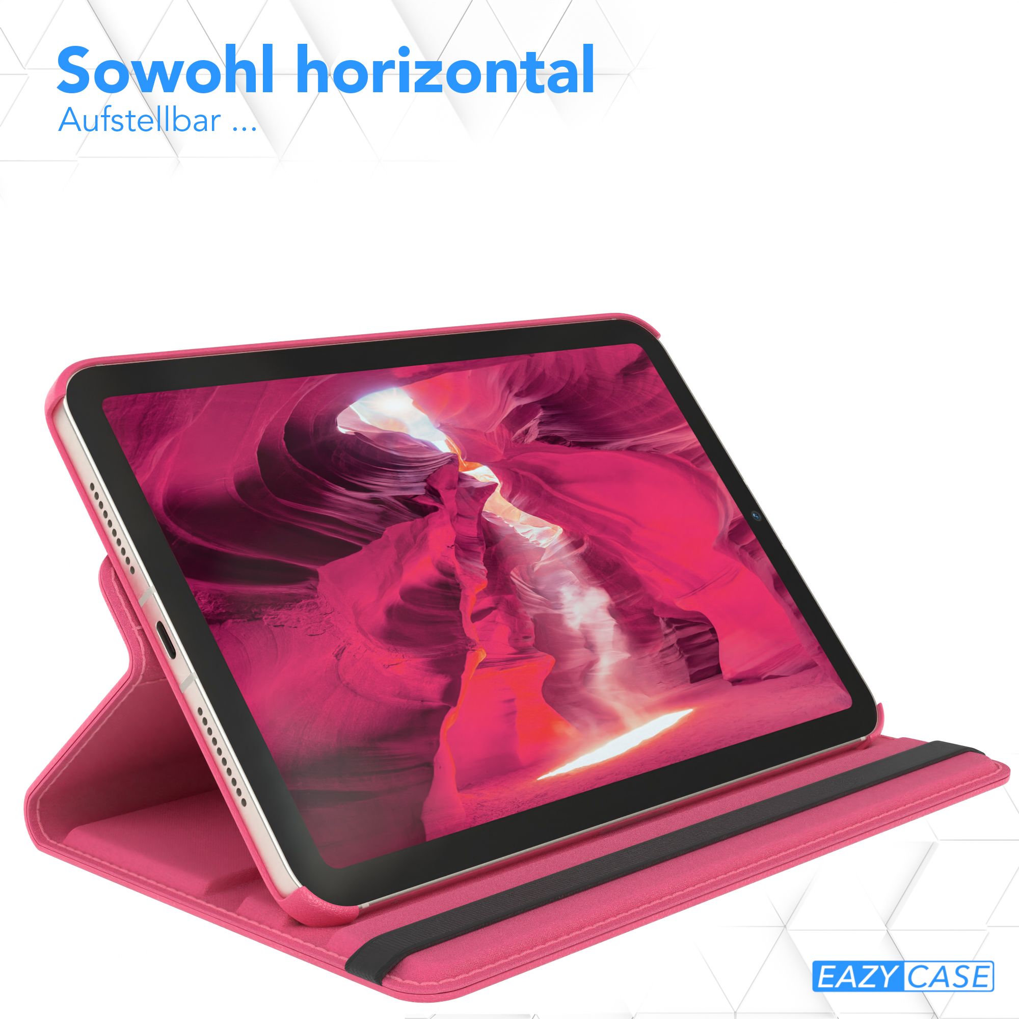 Tablet in einem rosa Etui, das horizontal steht. Rosa und weißer Hintergrund.