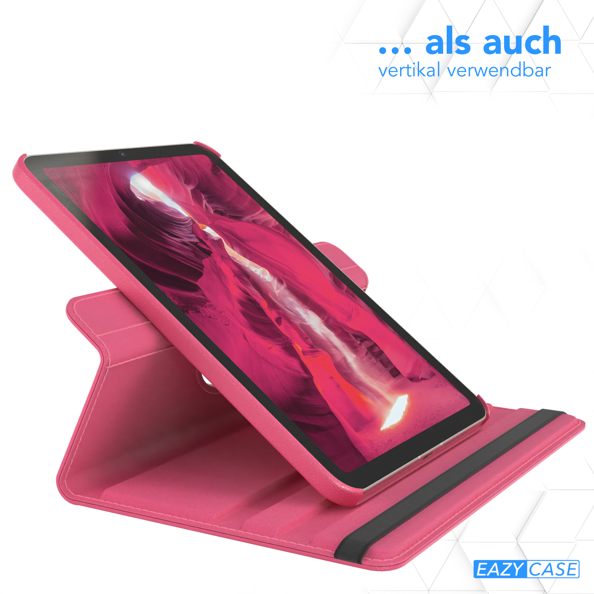 Rosa Tablet in rosa Hülle, abgewinkelt zur Ansicht. Schwarzer Gummizug an der Hülle.