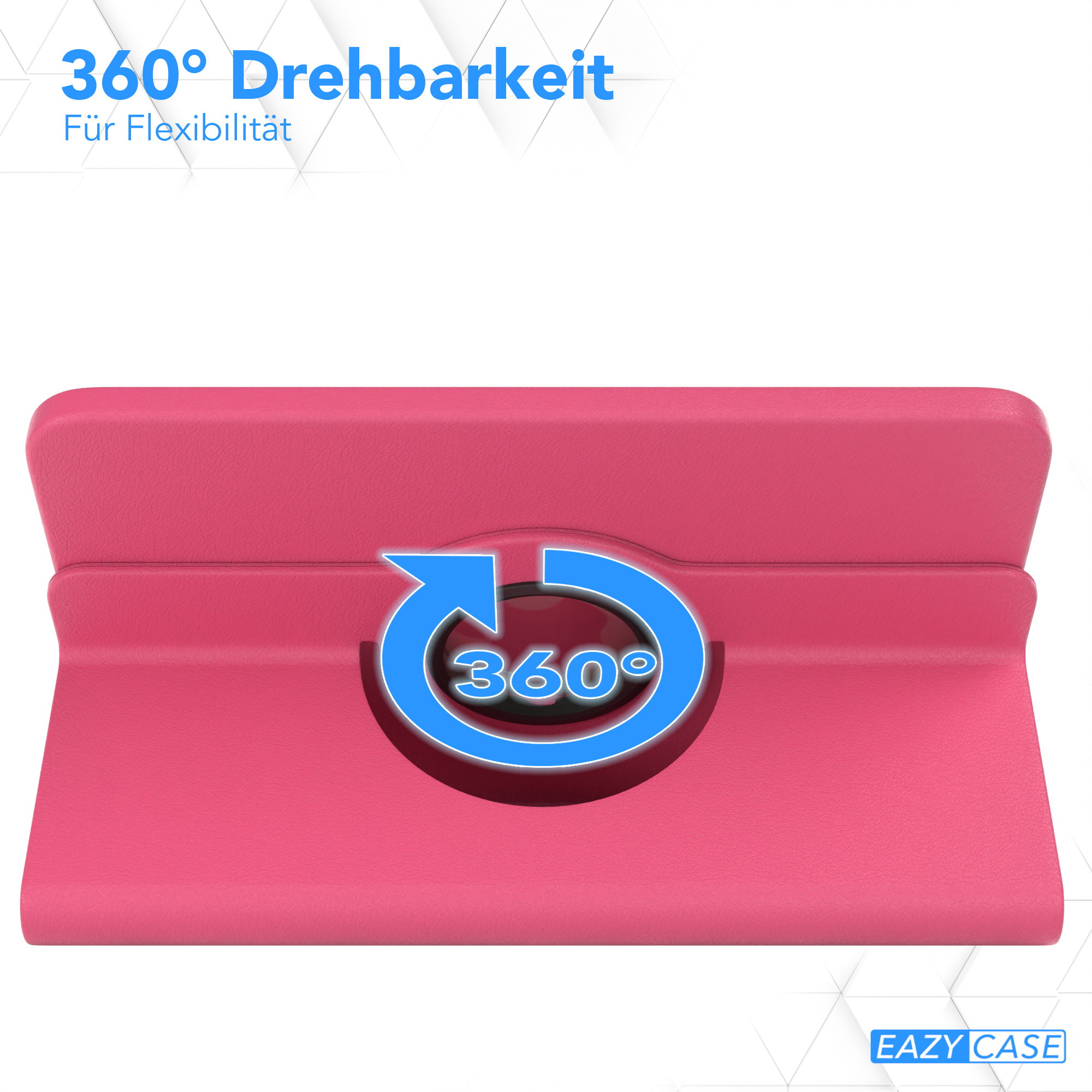 Pinkfarbener Tablet-Ständer mit 360-Grad-Drehsymbol und Text: 360° Drehbarkeit.