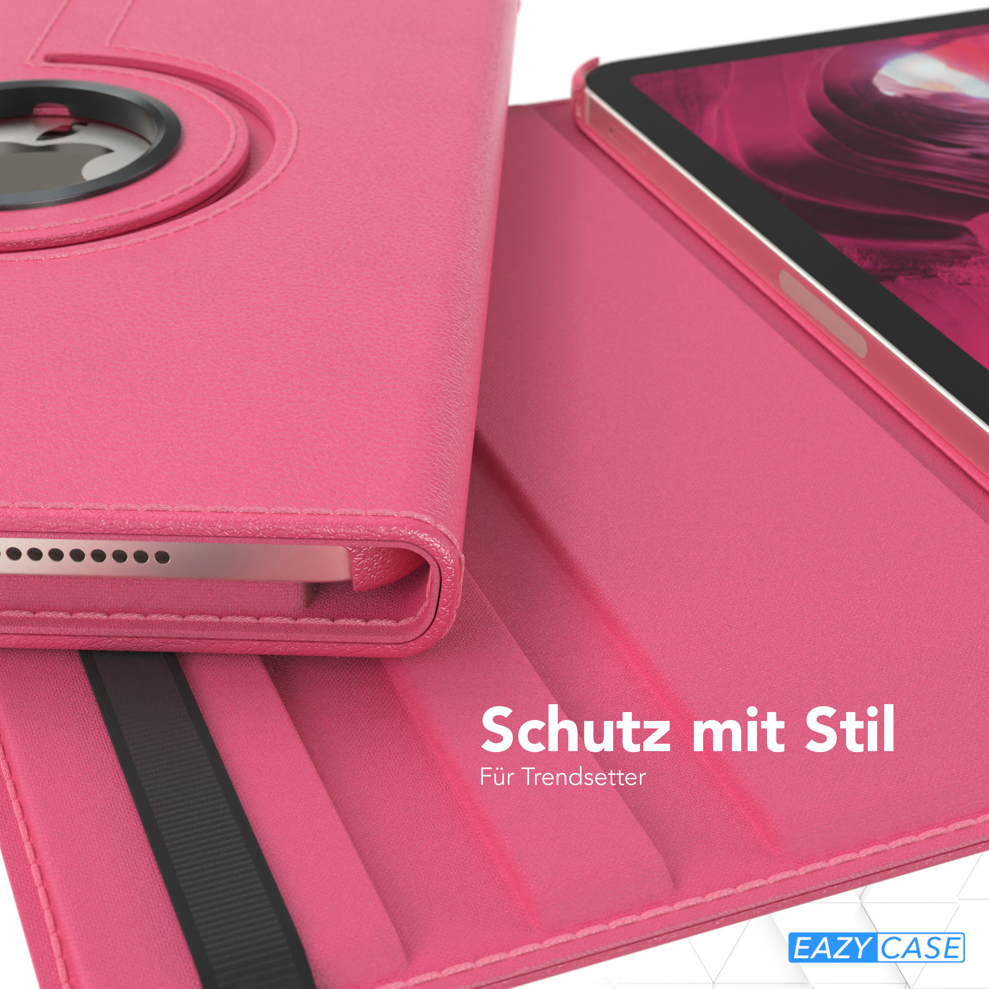 Eine pinkfarbene Tablethülle mit einem Tablet darin. Die Hülle ist geöffnet, der Bildschirm ist sichtbar.