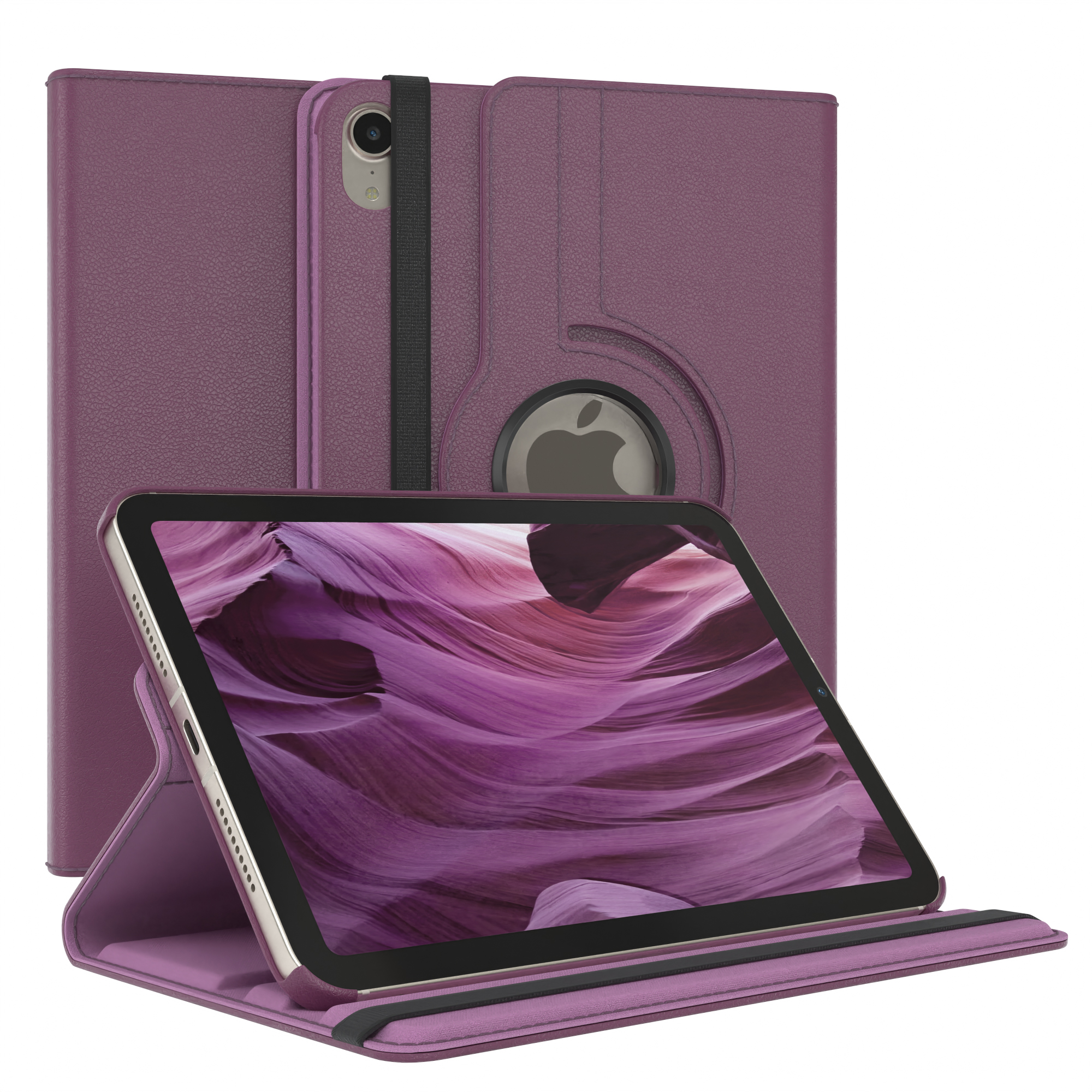 Lila Tablet in lila Hülle, auf weißem Hintergrund.
