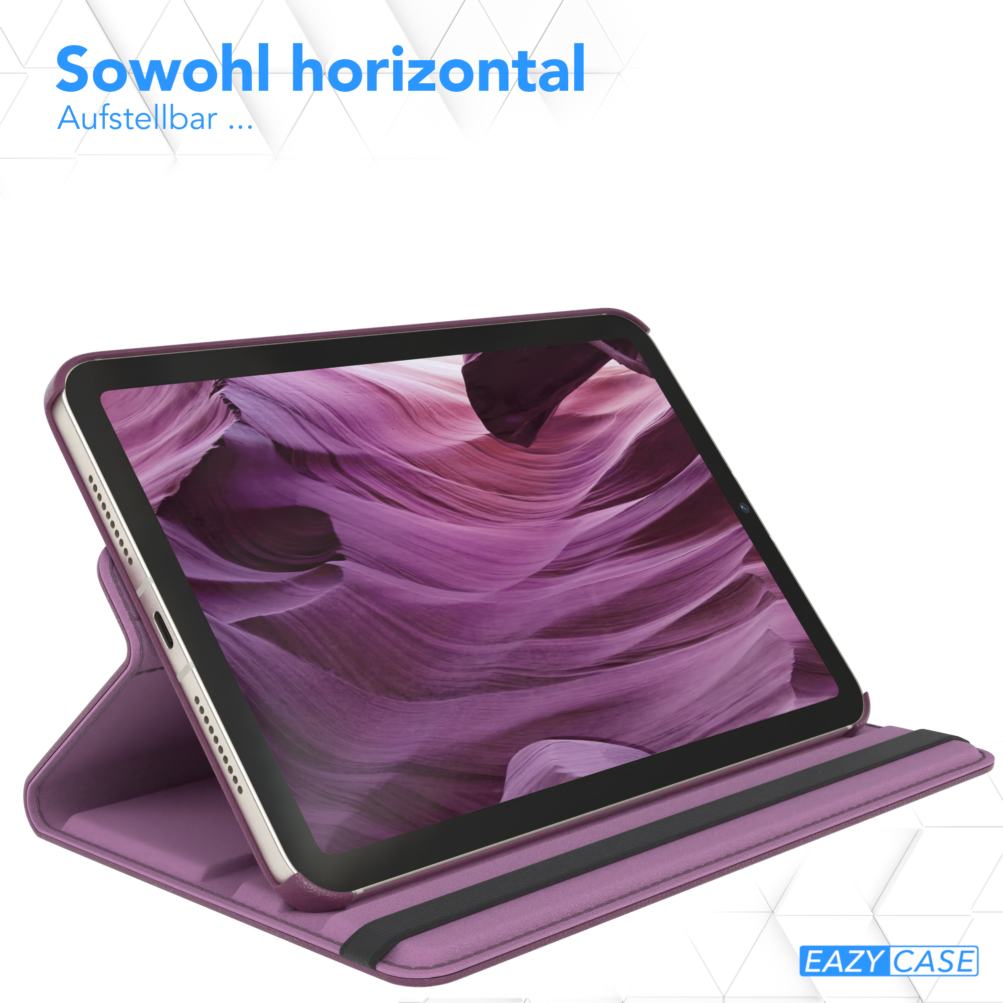 Tablet in einer lila Hülle. Der Bildschirm zeigt ein lila Landschaftsbild, die Hülle ist offen.
