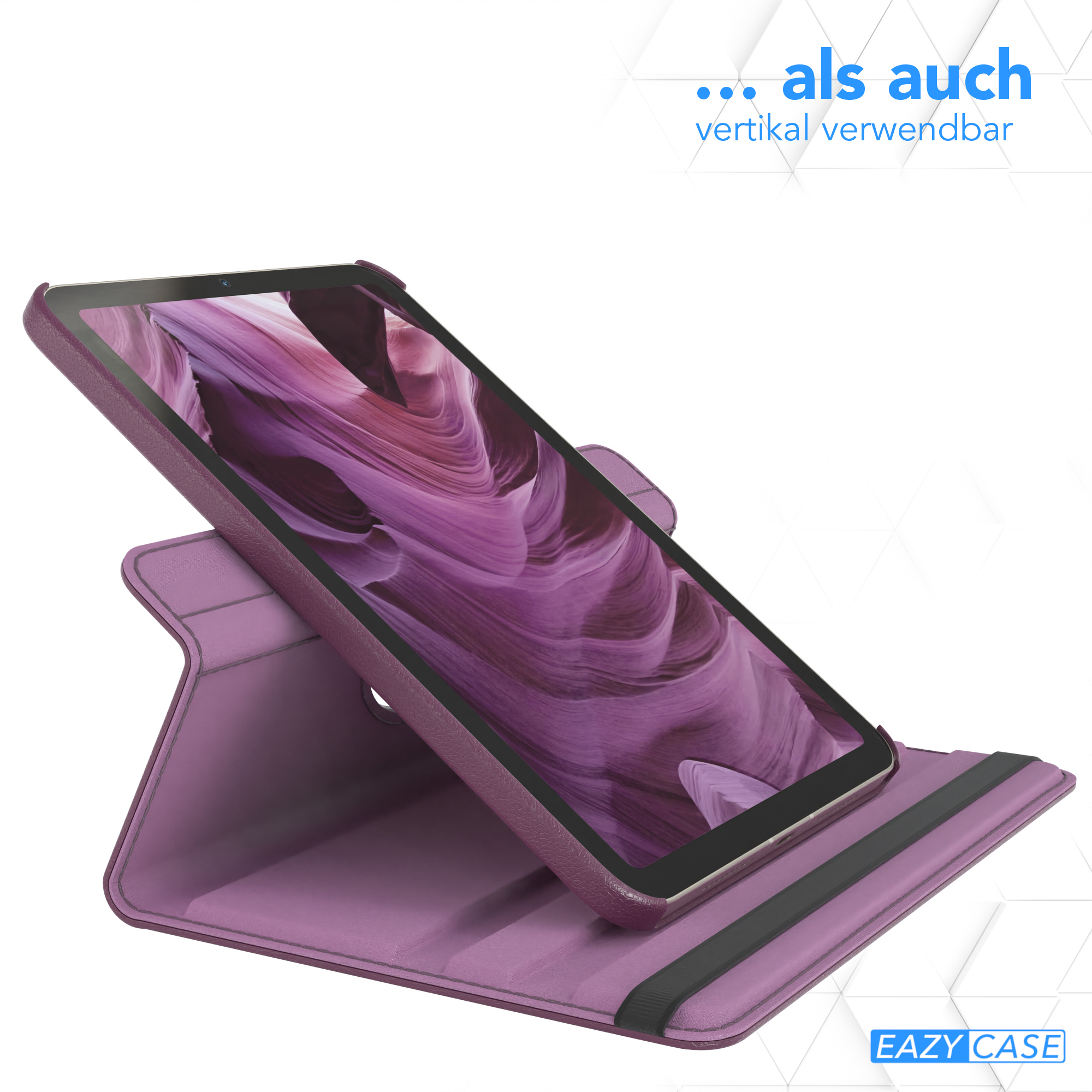 Tablet in lila Hülle, zum Betrachten aufgestellt.